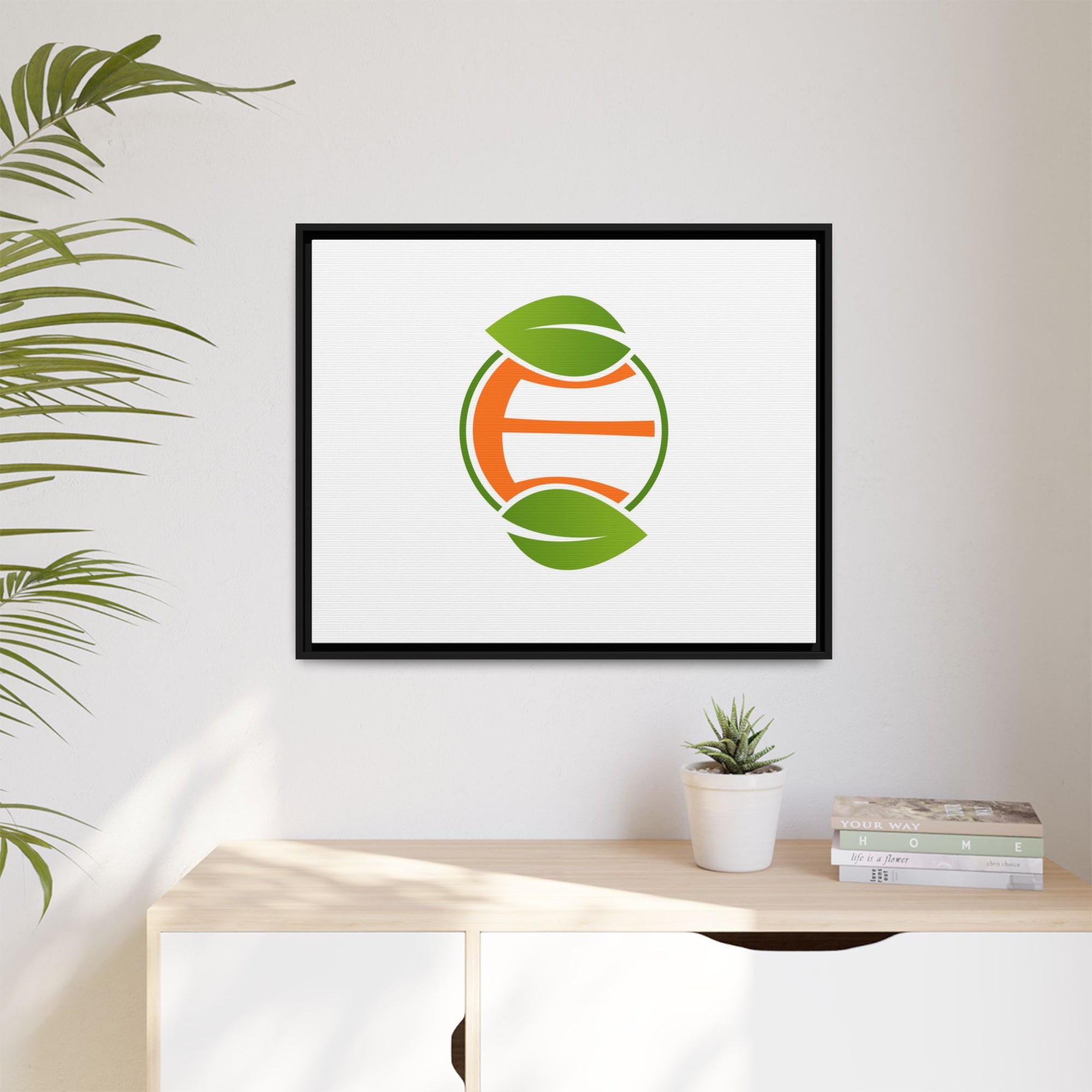 Framed Matte Canvas Print — Minimal Green Orange Leaf Logo Wall Art