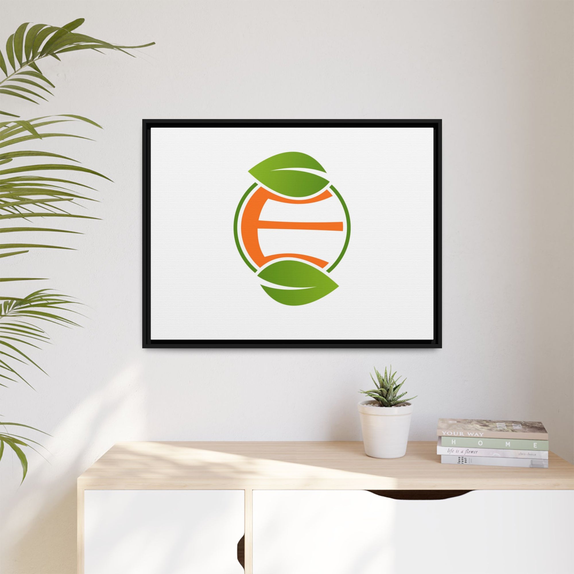 Framed Matte Canvas Print — Minimal Green Orange Leaf Logo Wall Art
