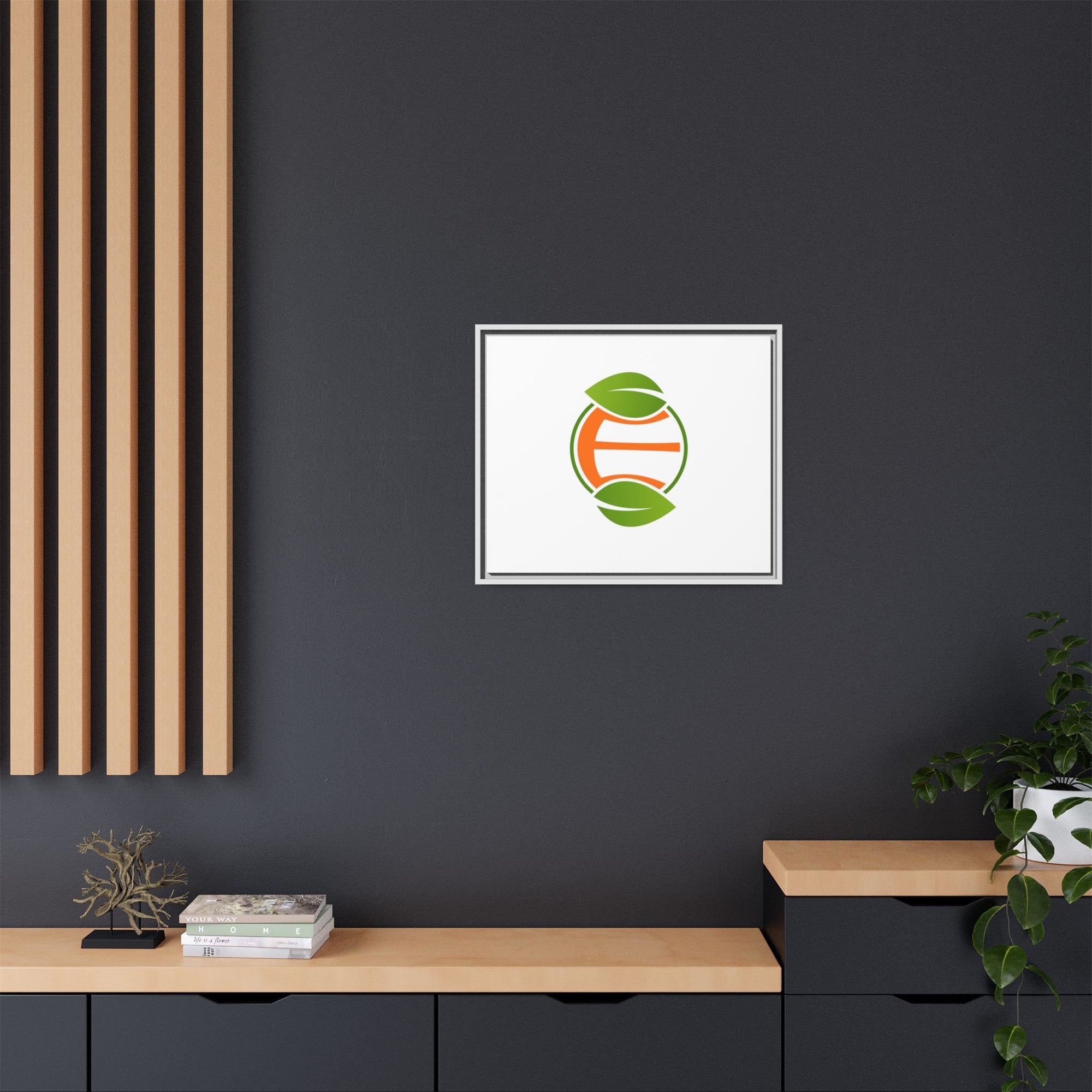 Framed Matte Canvas Print — Minimal Green Orange Leaf Logo Wall Art