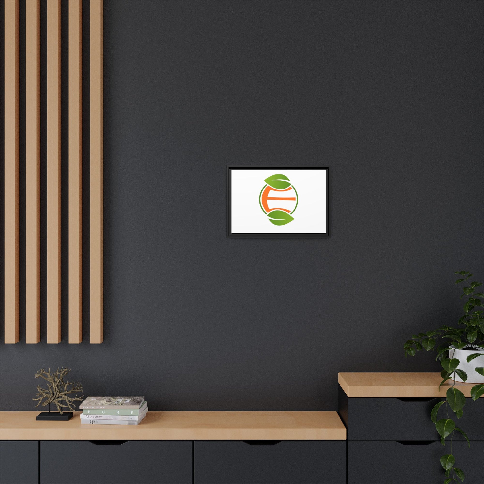 Framed Matte Canvas Print — Minimal Green Orange Leaf Logo Wall Art
