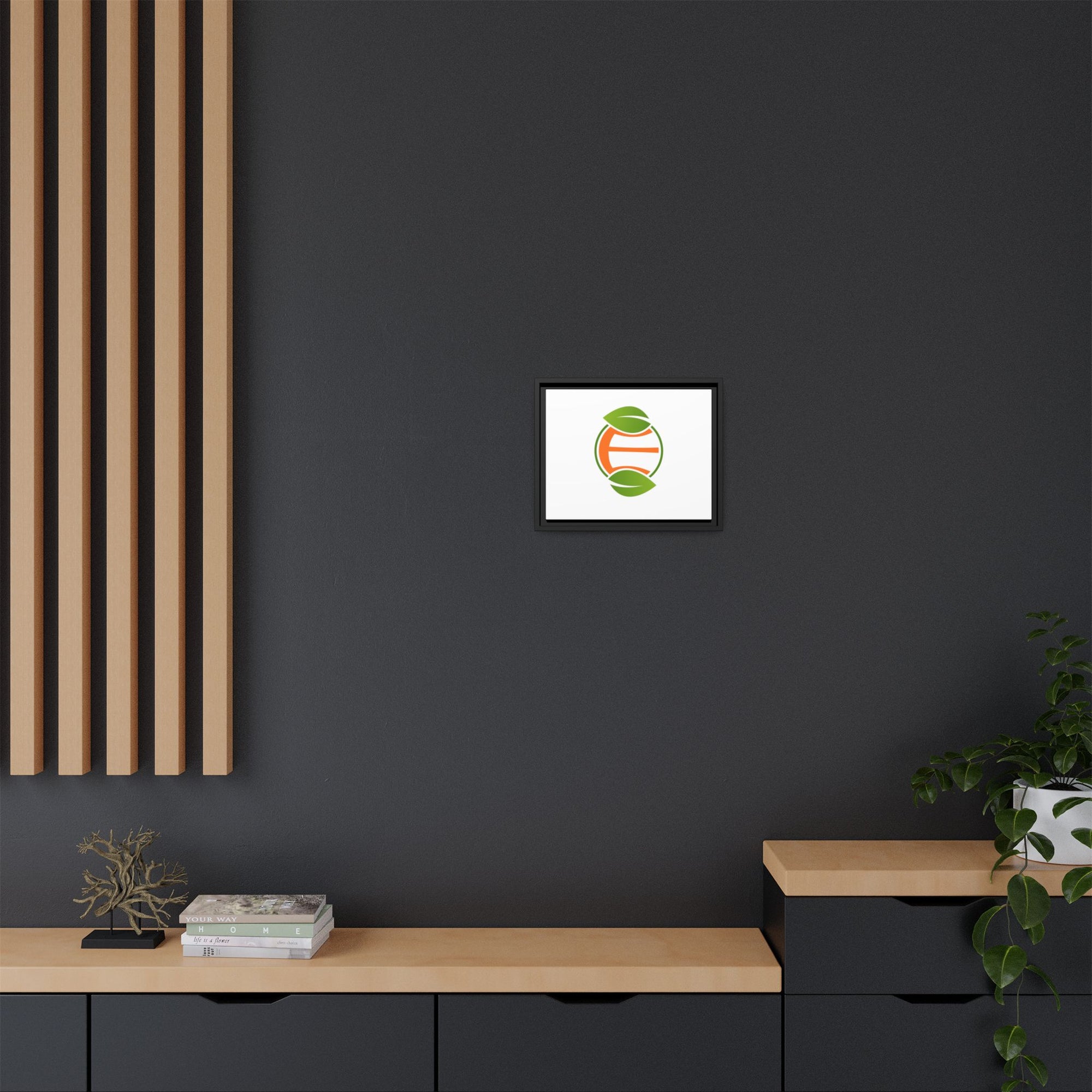 Framed Matte Canvas Print — Minimal Green Orange Leaf Logo Wall Art