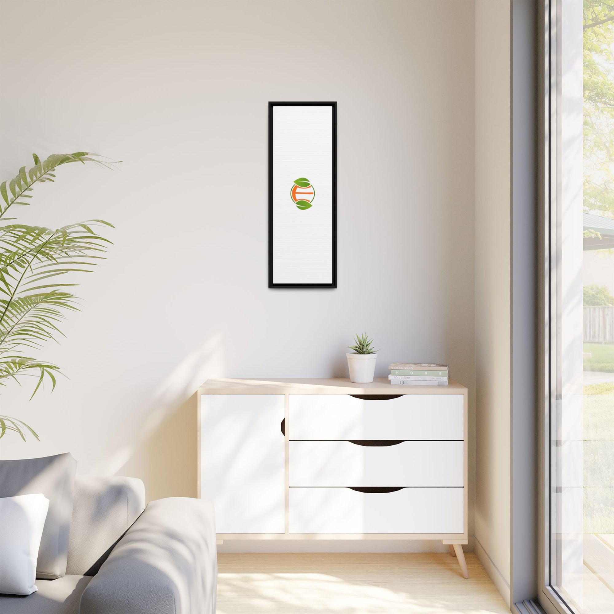 Framed Matte Canvas Print — Minimal Green Orange Leaf Logo Wall Art