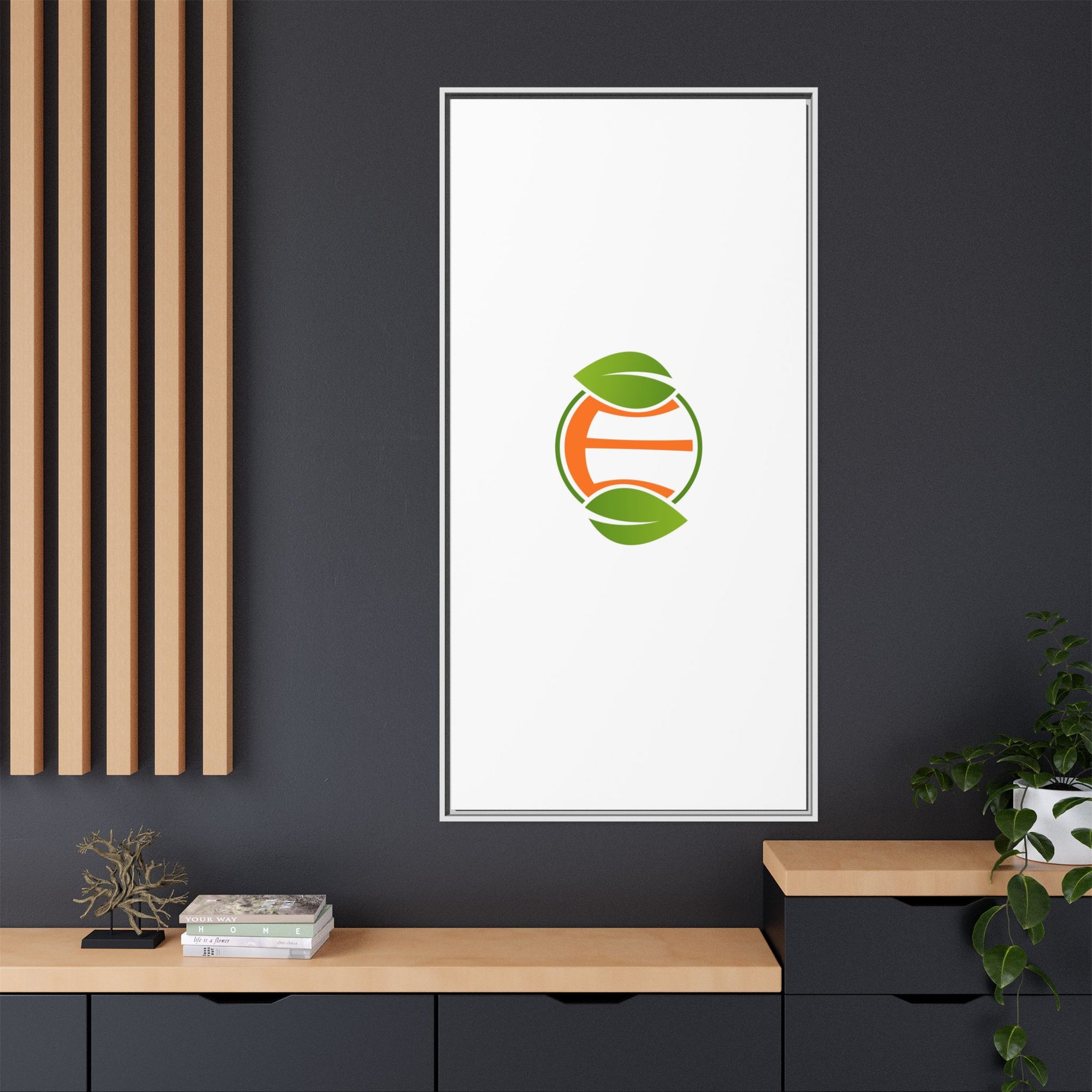 Framed Matte Canvas Print — Minimal Green Orange Leaf Logo Wall Art