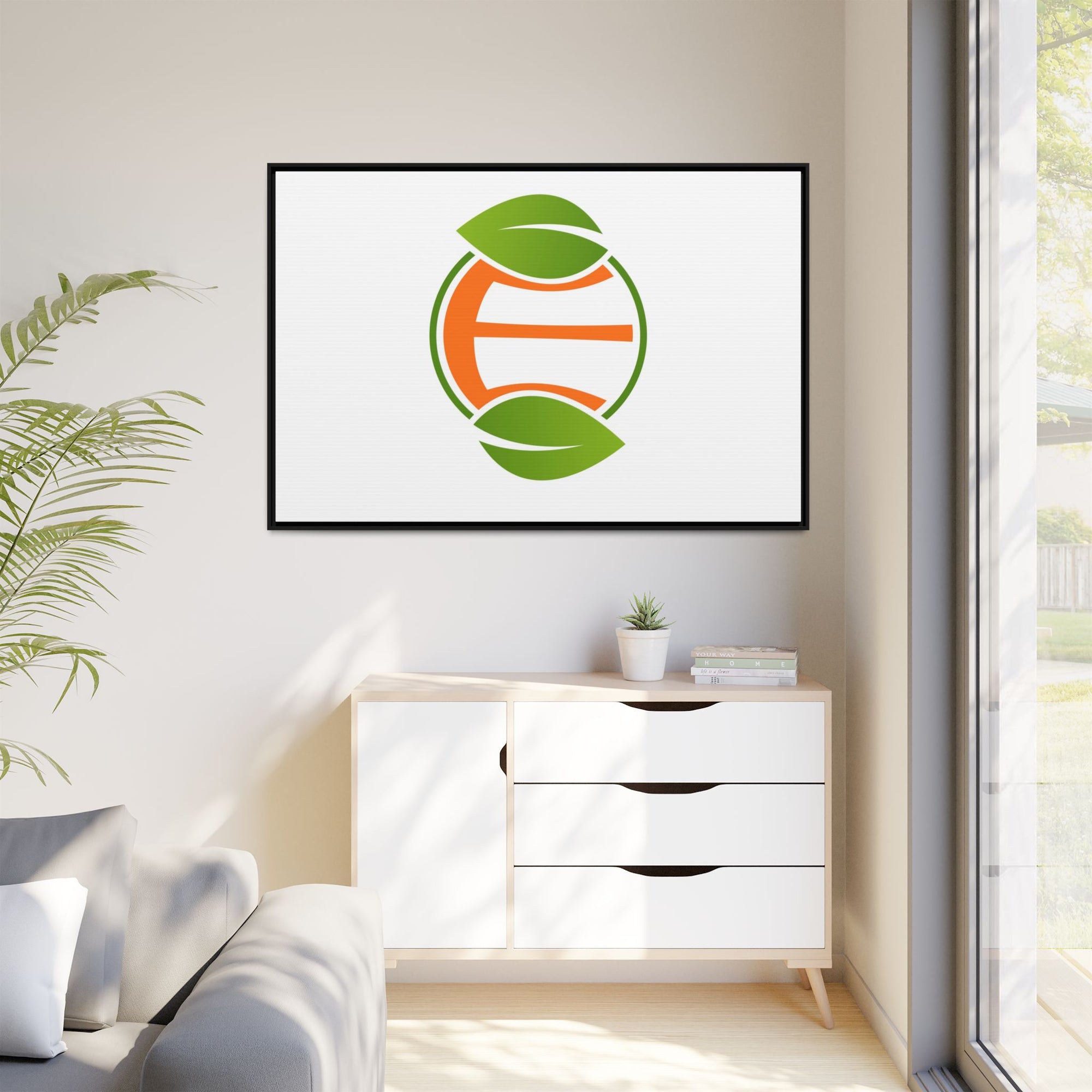 Framed Matte Canvas Print — Minimal Green Orange Leaf Logo Wall Art