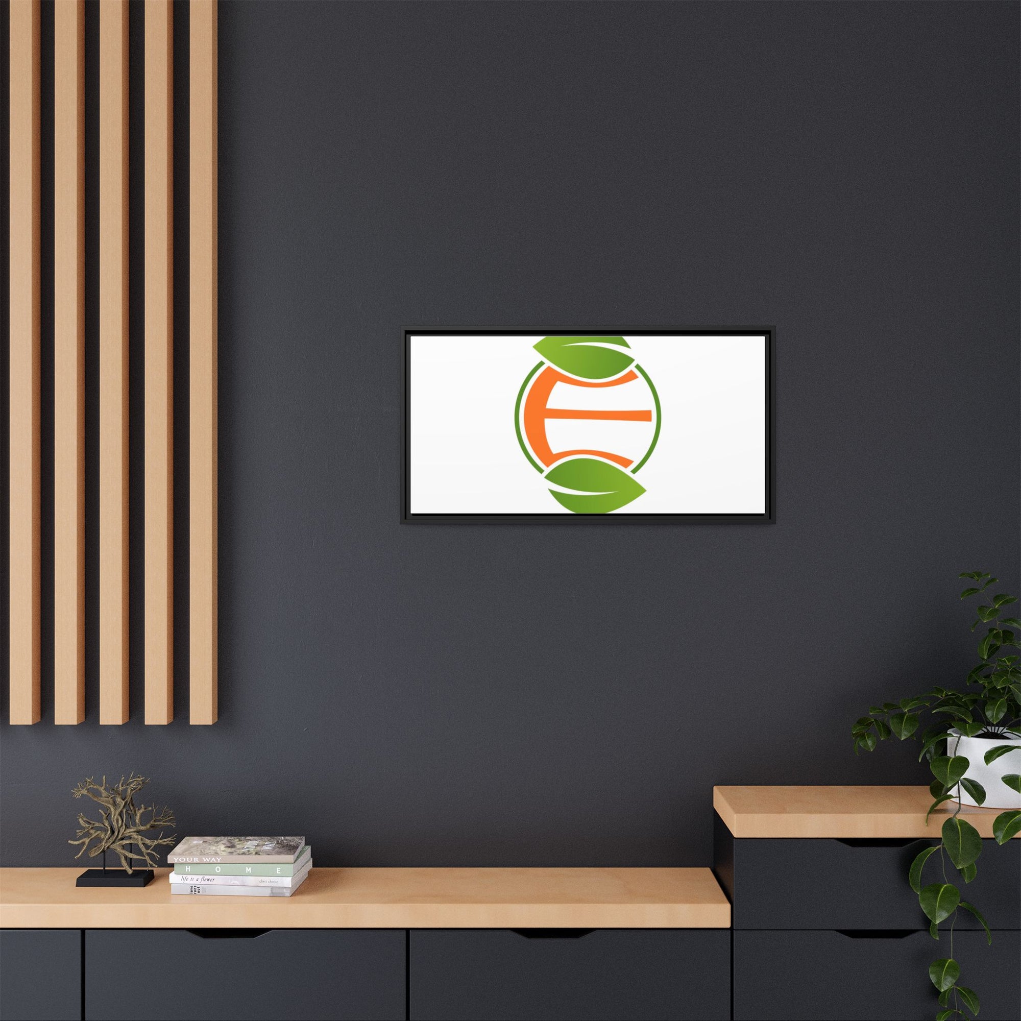 Framed Matte Canvas Print — Minimal Green Orange Leaf Logo Wall Art