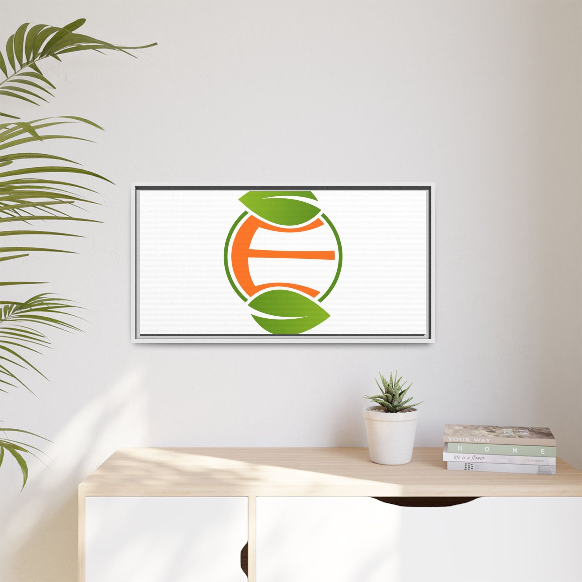 Framed Matte Canvas Print — Minimal Green Orange Leaf Logo Wall Art