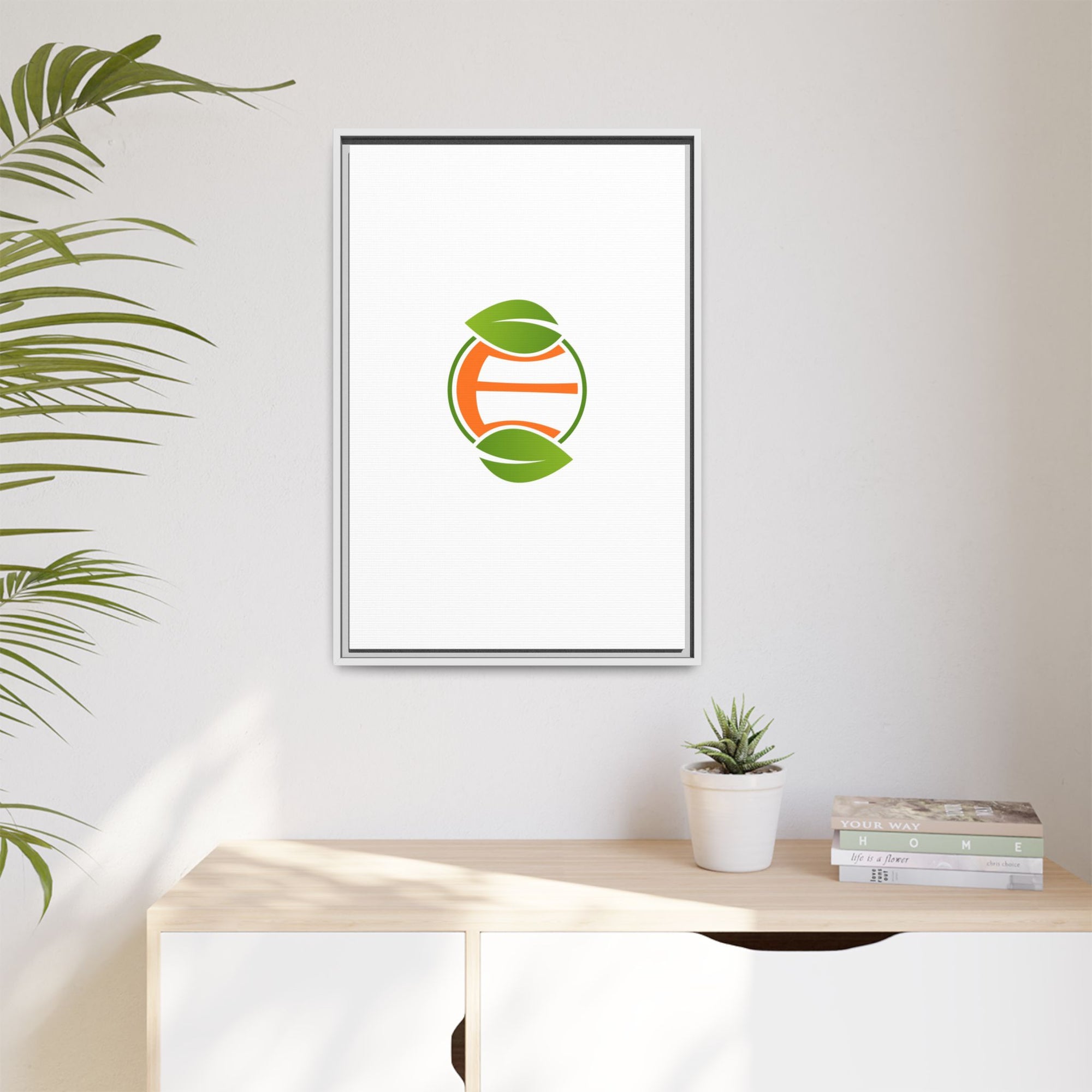 Framed Matte Canvas Print — Minimal Green Orange Leaf Logo Wall Art