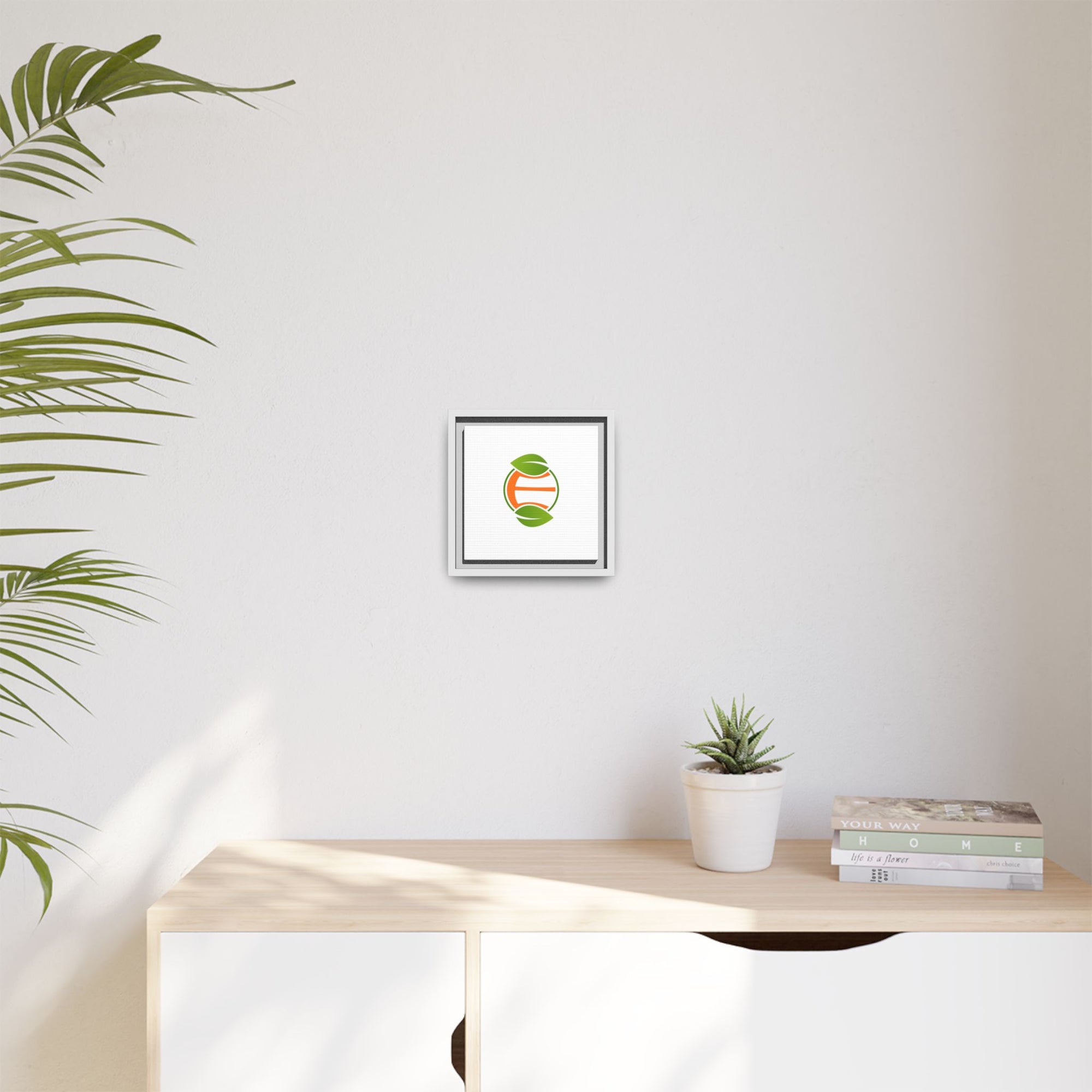 Framed Matte Canvas Print — Minimal Green Orange Leaf Logo Wall Art