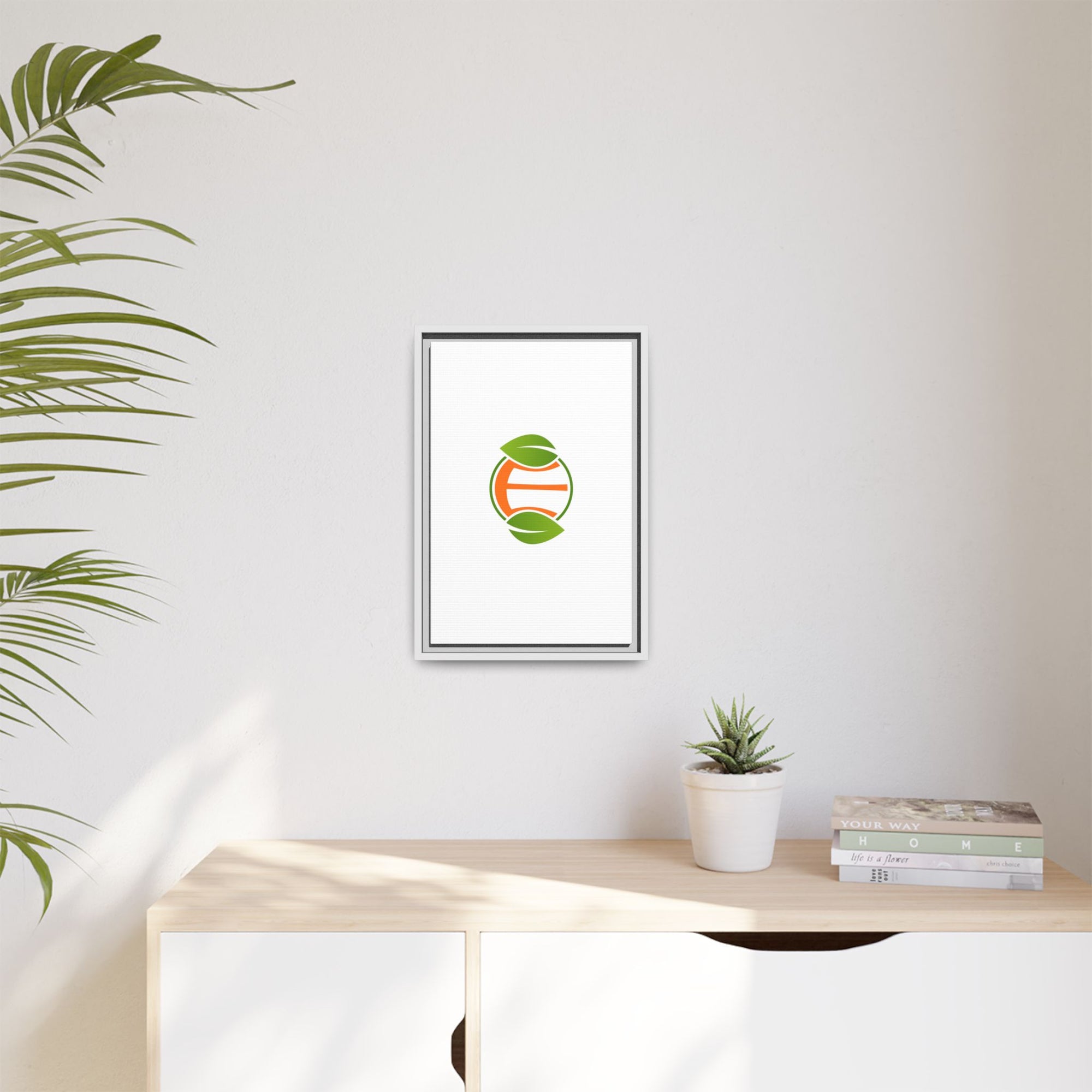 Framed Matte Canvas Print — Minimal Green Orange Leaf Logo Wall Art