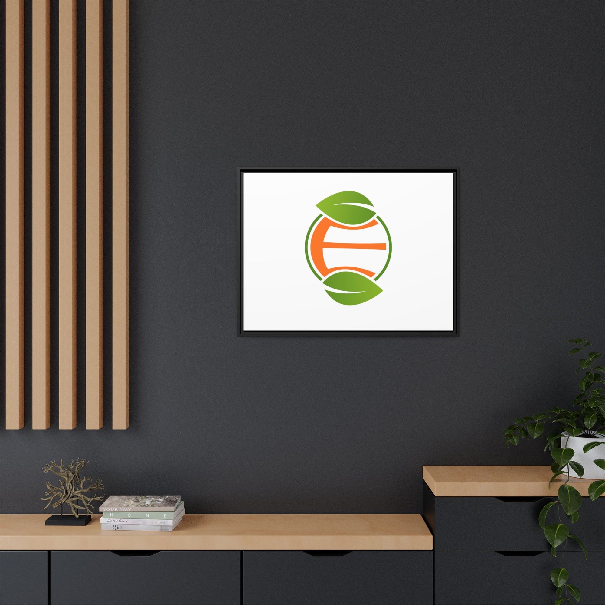 Framed Matte Canvas Print — Minimal Green Orange Leaf Logo Wall Art