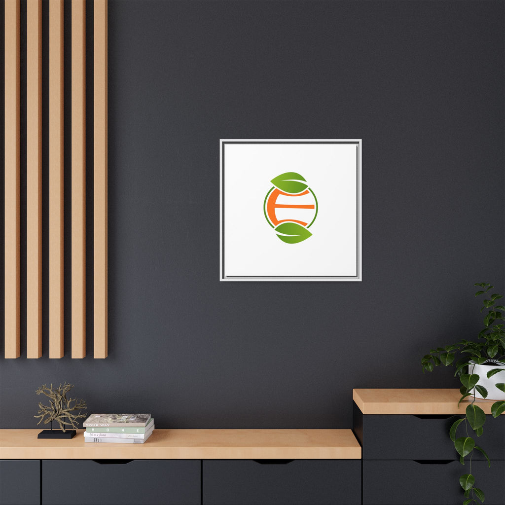 Framed Matte Canvas Print — Minimal Green Orange Leaf Logo Wall Art