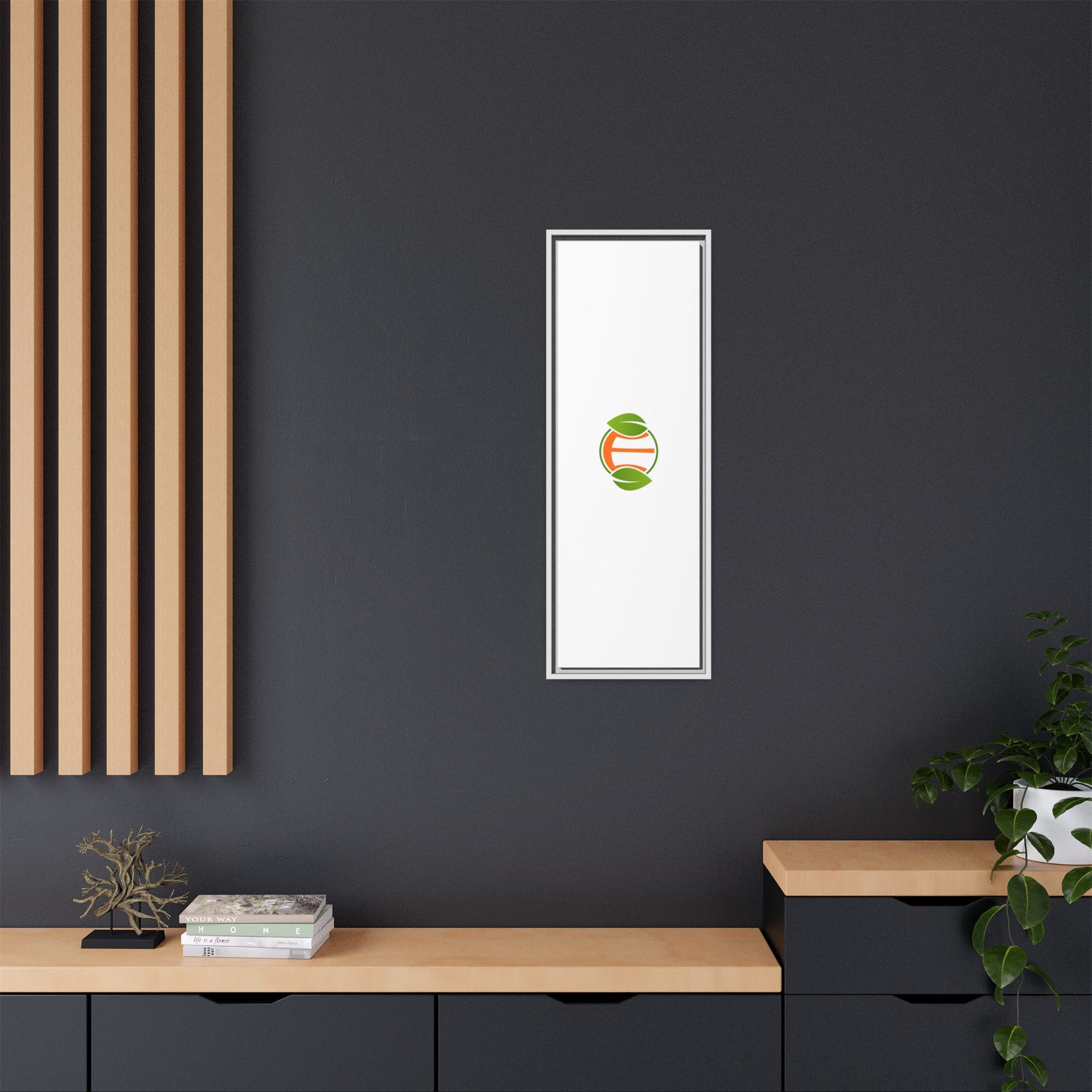 Framed Matte Canvas Print — Minimal Green Orange Leaf Logo Wall Art