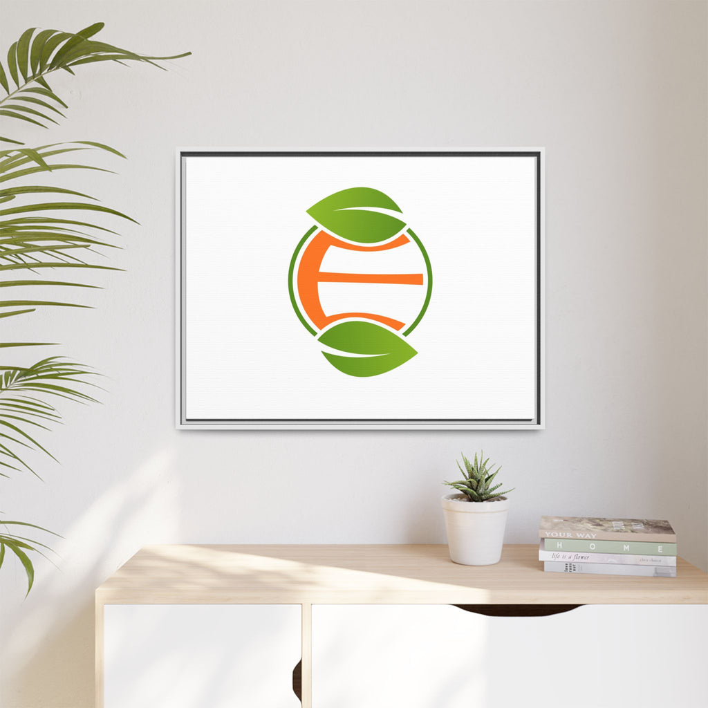 Framed Matte Canvas Print — Minimal Green Orange Leaf Logo Wall Art