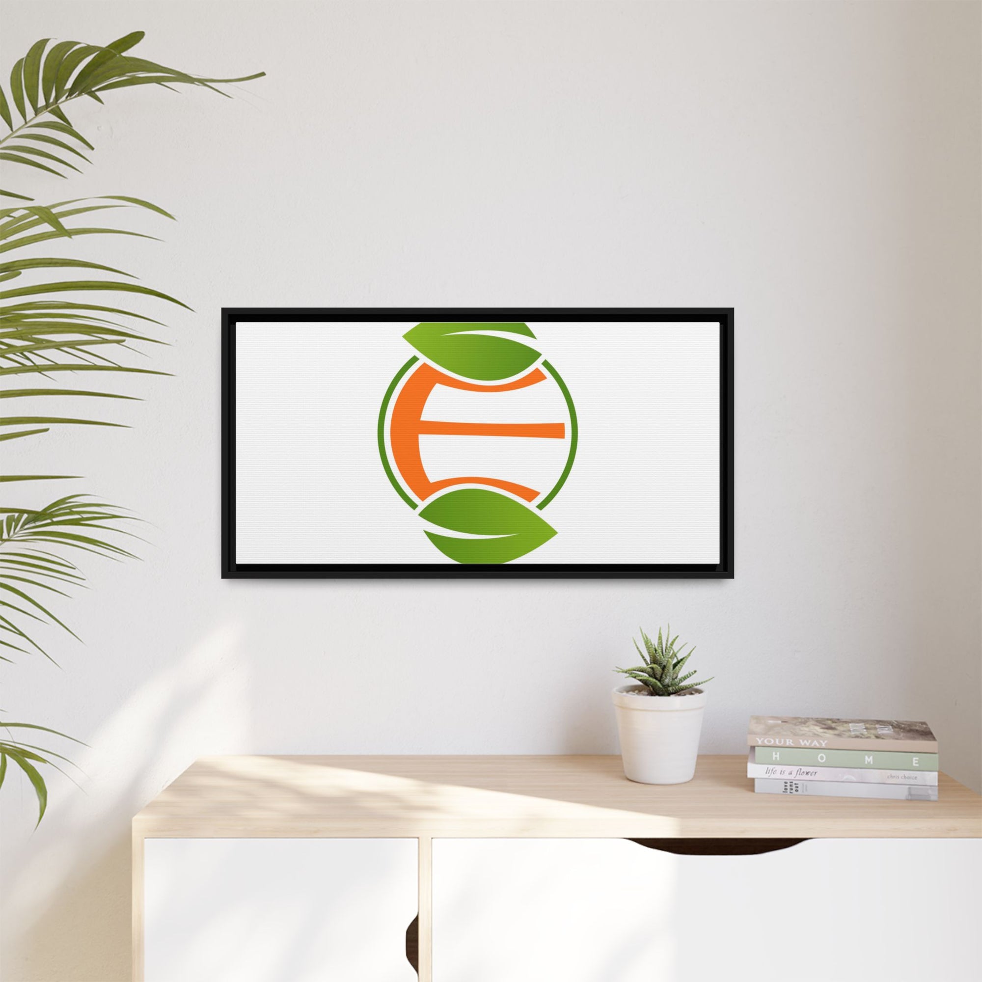 Framed Matte Canvas Print — Minimal Green Orange Leaf Logo Wall Art