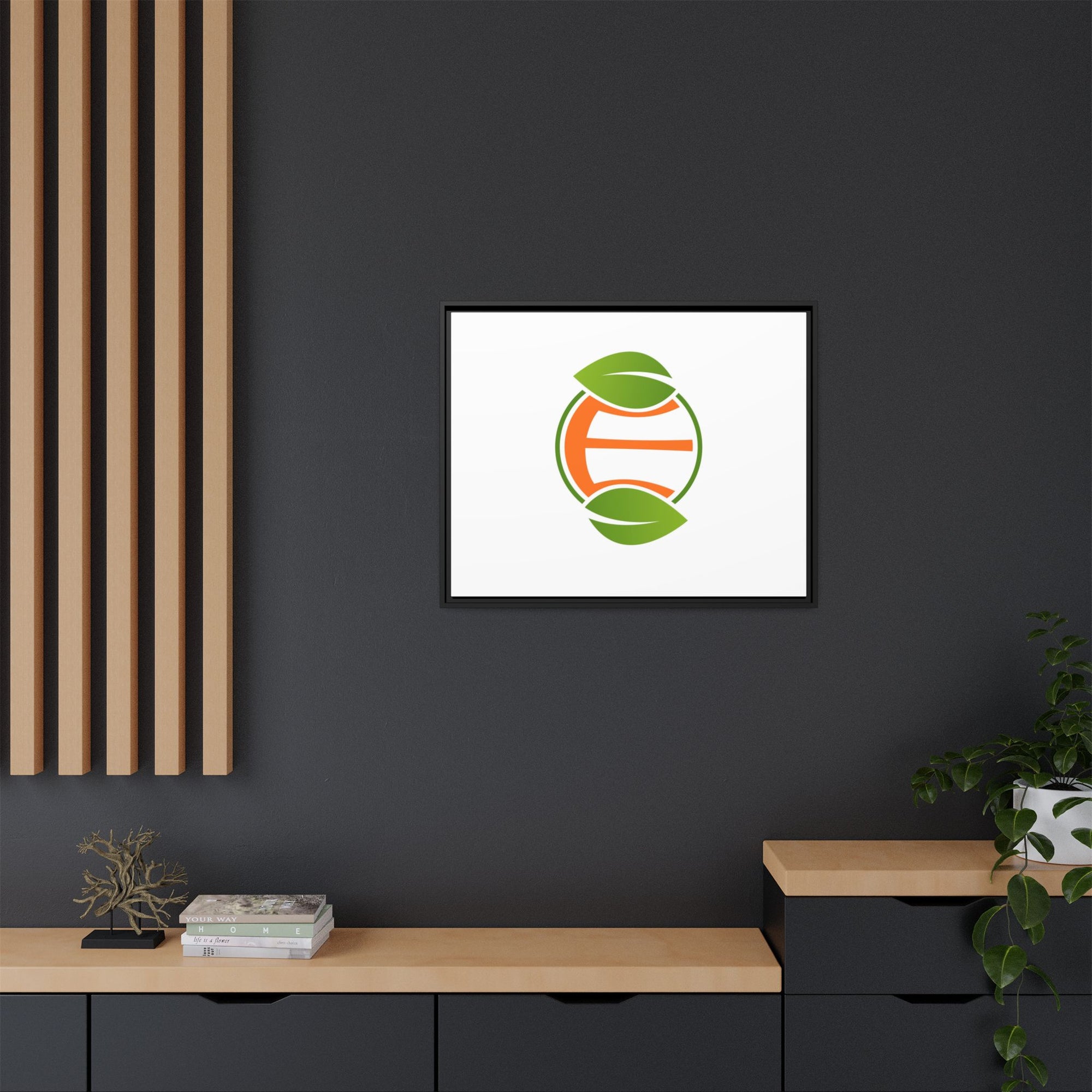 Framed Matte Canvas Print — Minimal Green Orange Leaf Logo Wall Art