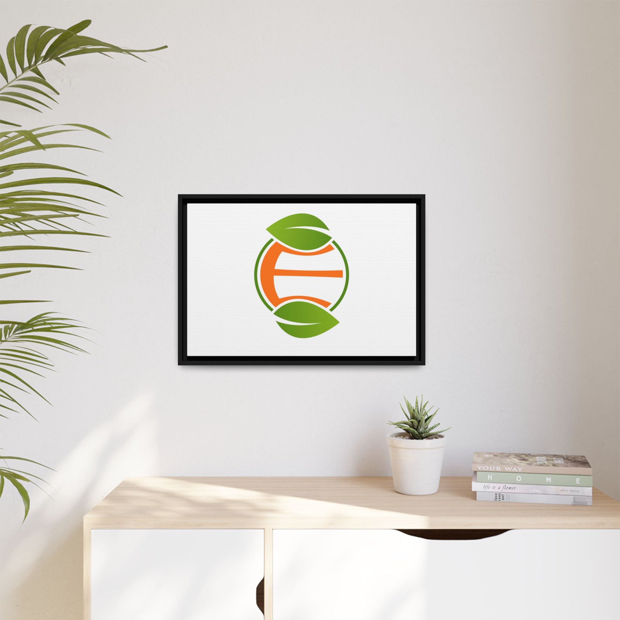 Framed Matte Canvas Print — Minimal Green Orange Leaf Logo Wall Art