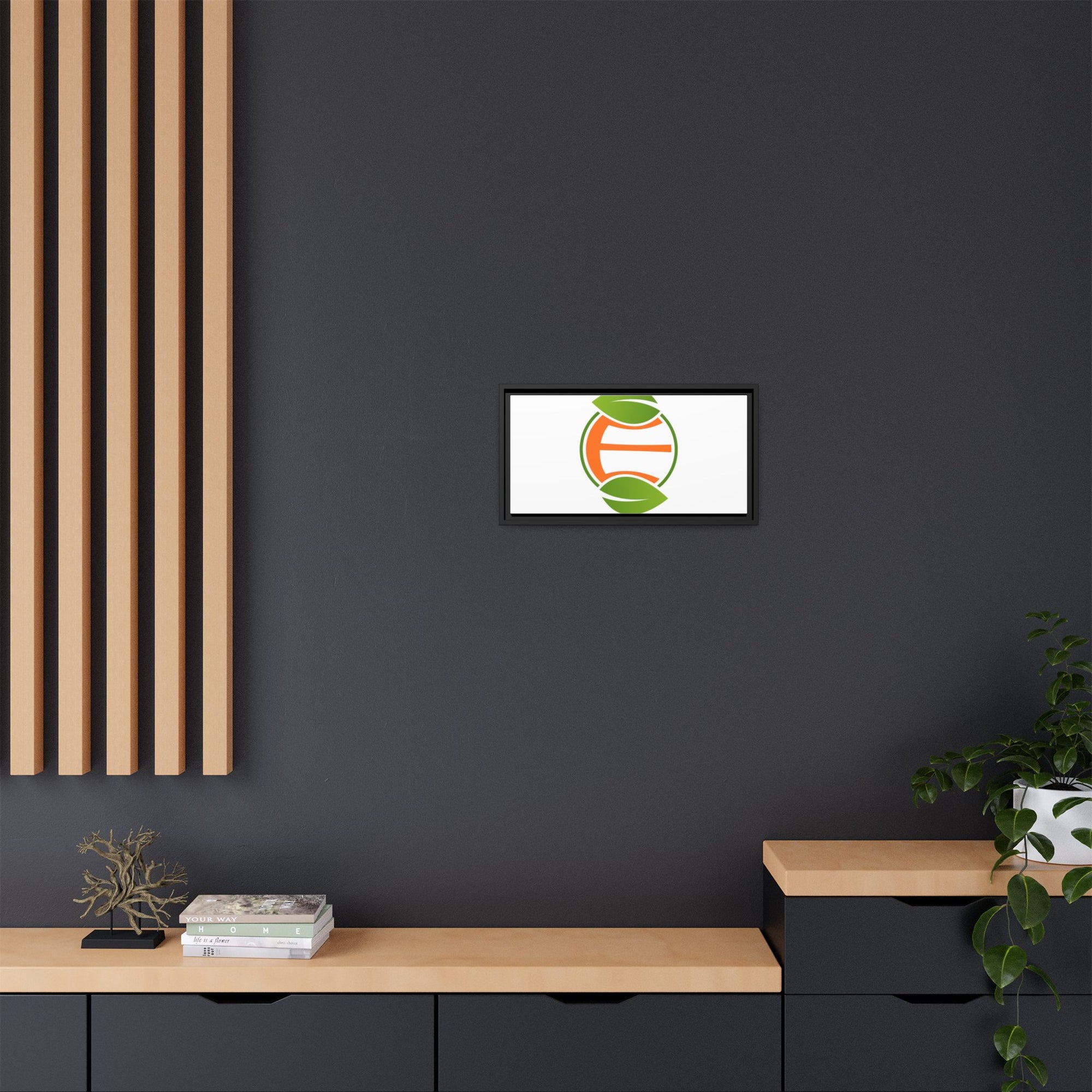 Framed Matte Canvas Print — Minimal Green Orange Leaf Logo Wall Art