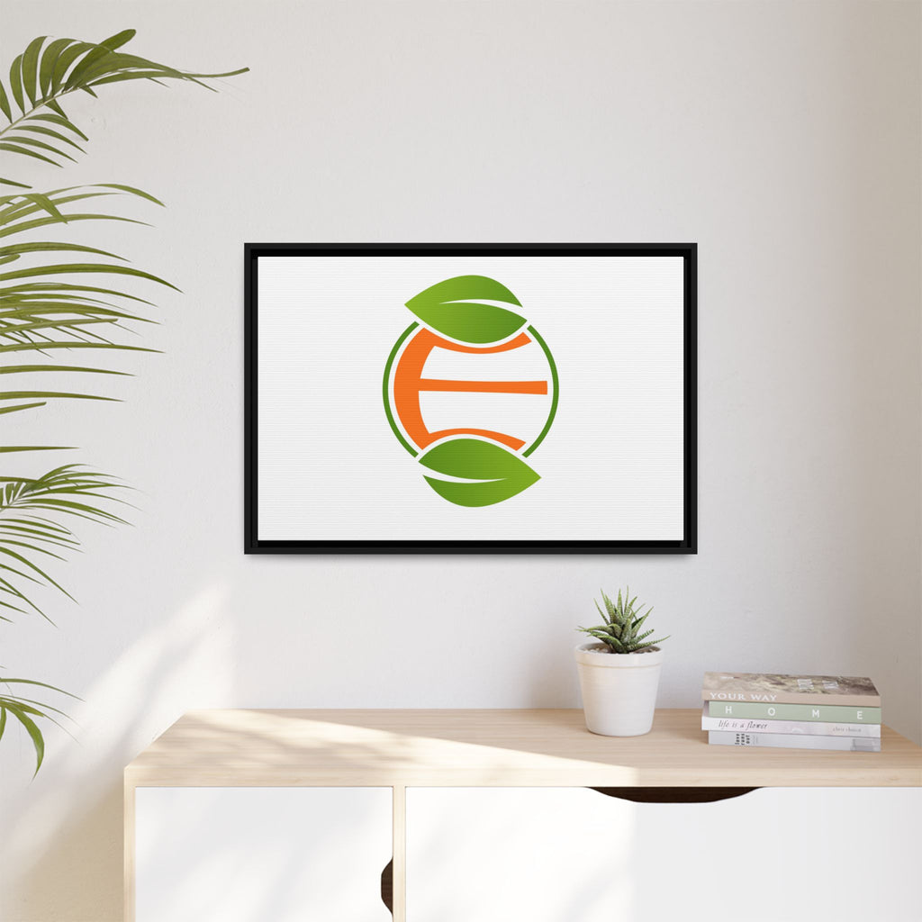 Framed Matte Canvas Print — Minimal Green Orange Leaf Logo Wall Art