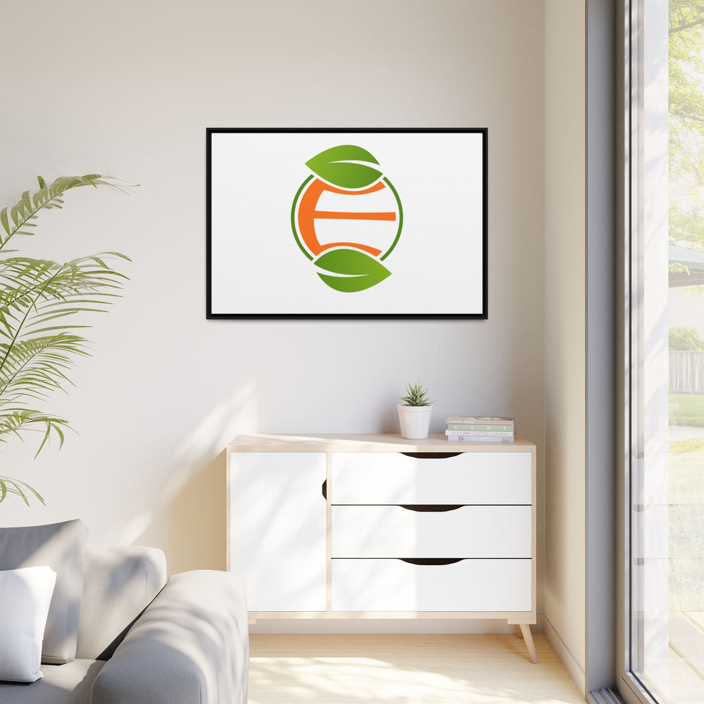 Framed Matte Canvas Print — Minimal Green Orange Leaf Logo Wall Art