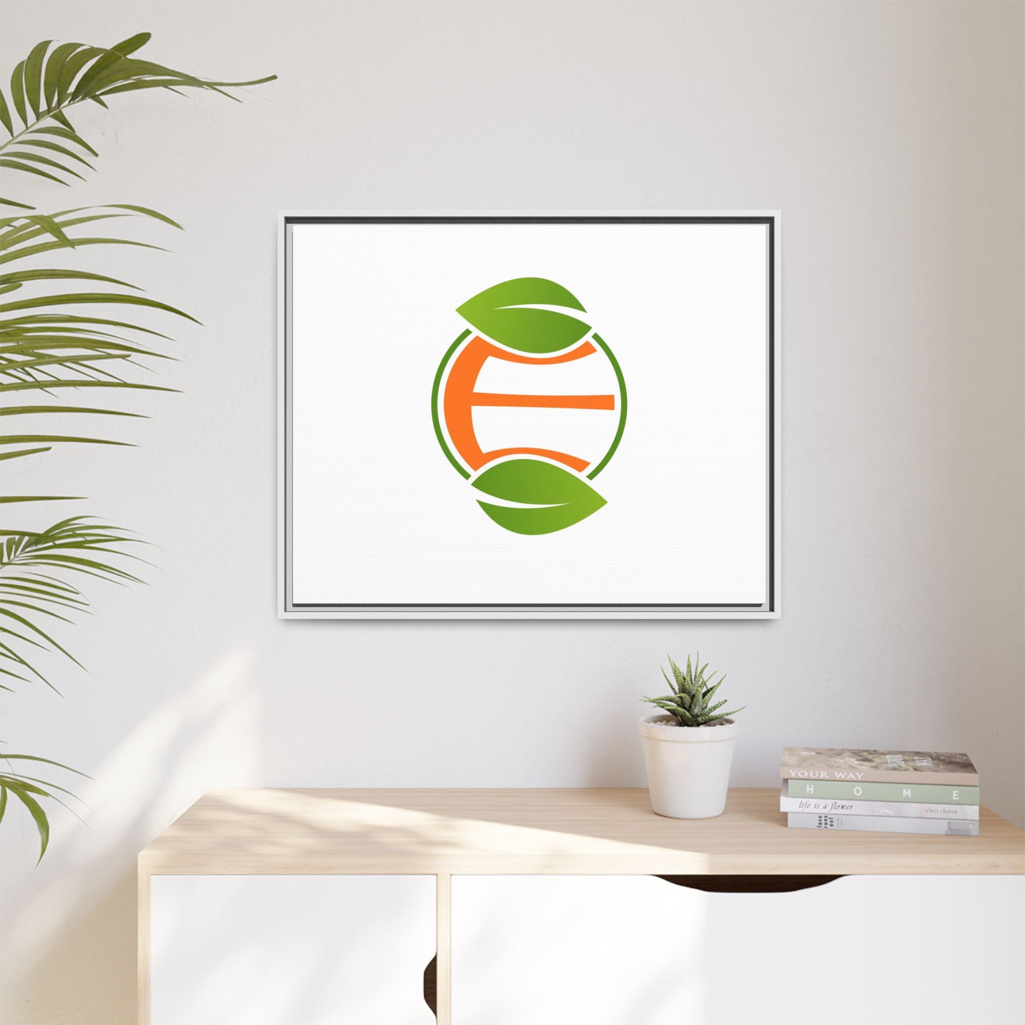 Framed Matte Canvas Print — Minimal Green Orange Leaf Logo Wall Art