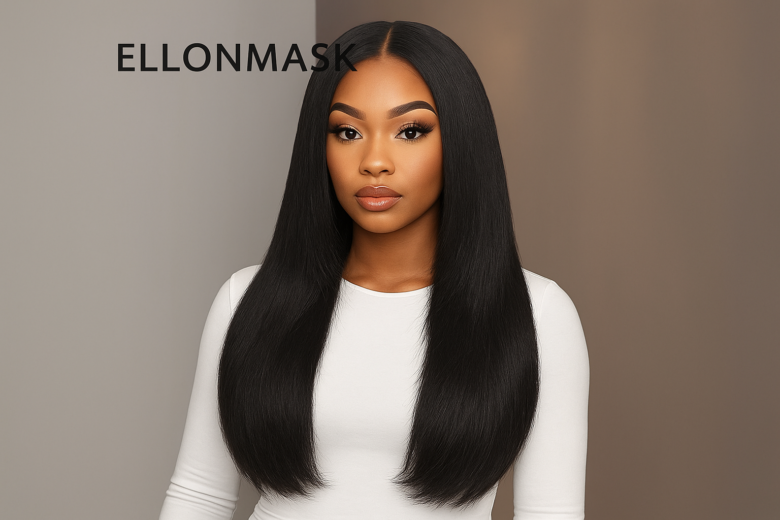 ELLONMASK Silky Straight Remy Human Hair Wig Natural Look Middle Part Long Black Yaki Straight Texture Adjustable Invisi Drawstring