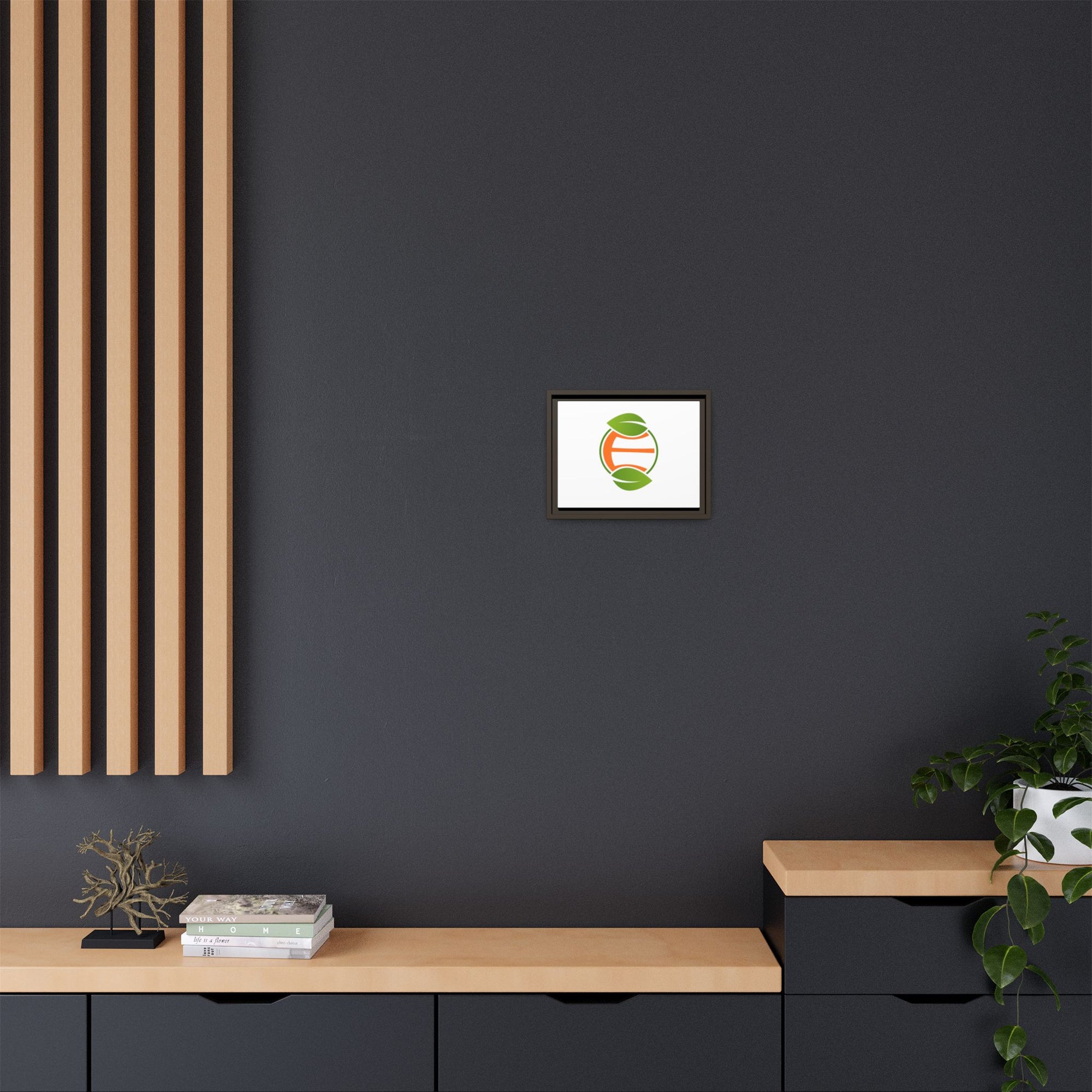 Framed Matte Canvas Print — Minimal Green Orange Leaf Logo Wall Art