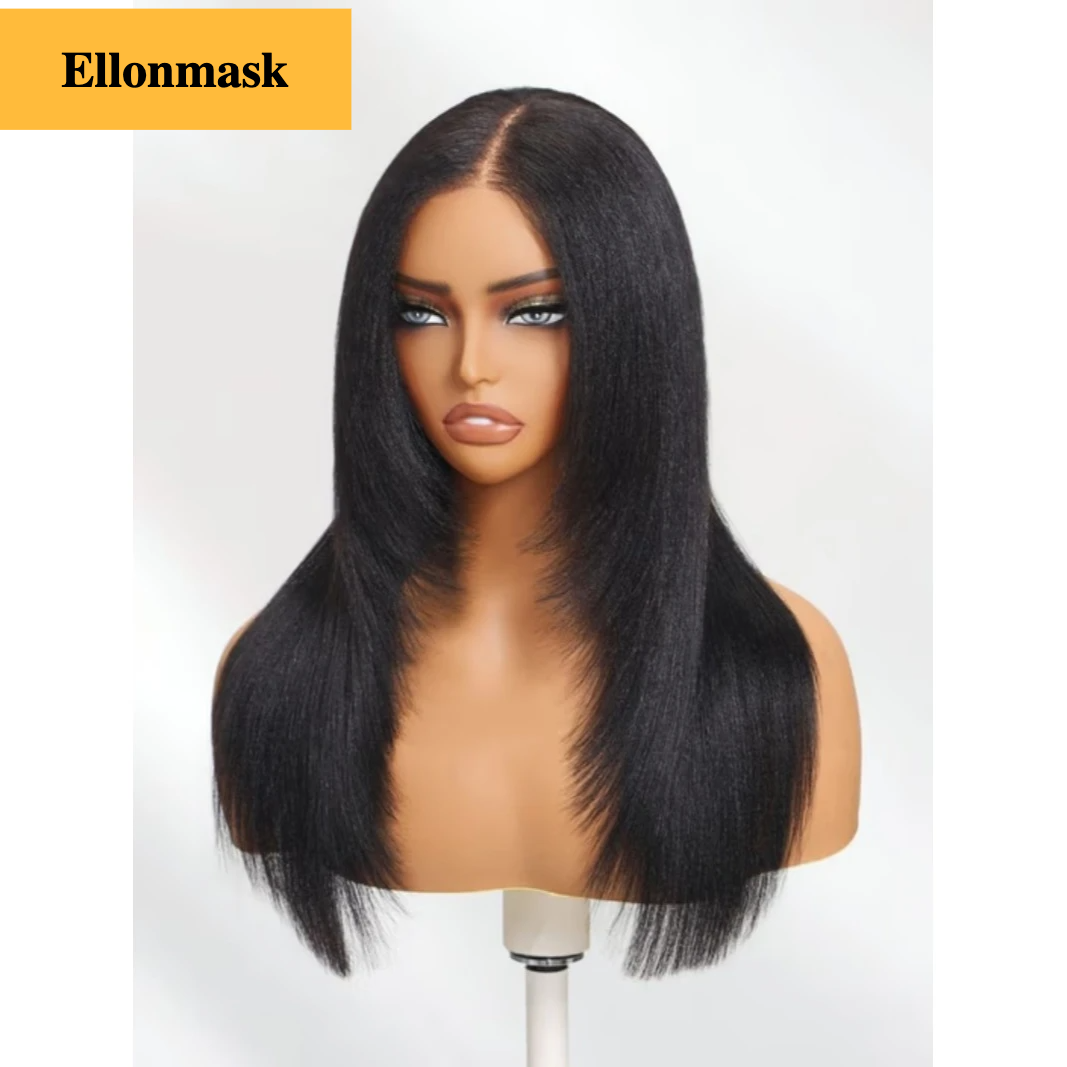 ELLONMASK Silky Straight Remy Human Hair Wig Natural Look Middle Part Long Black Yaki Straight Texture Adjustable Invisi Drawstring