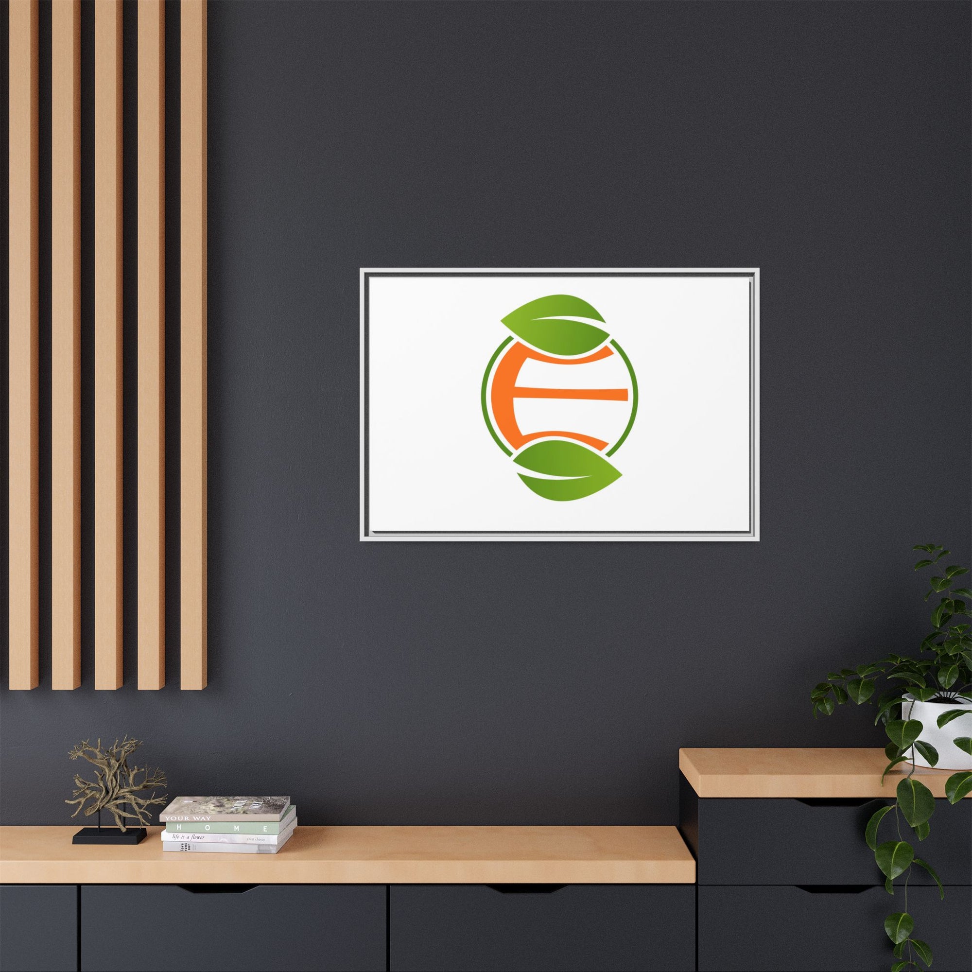 Framed Matte Canvas Print — Minimal Green Orange Leaf Logo Wall Art