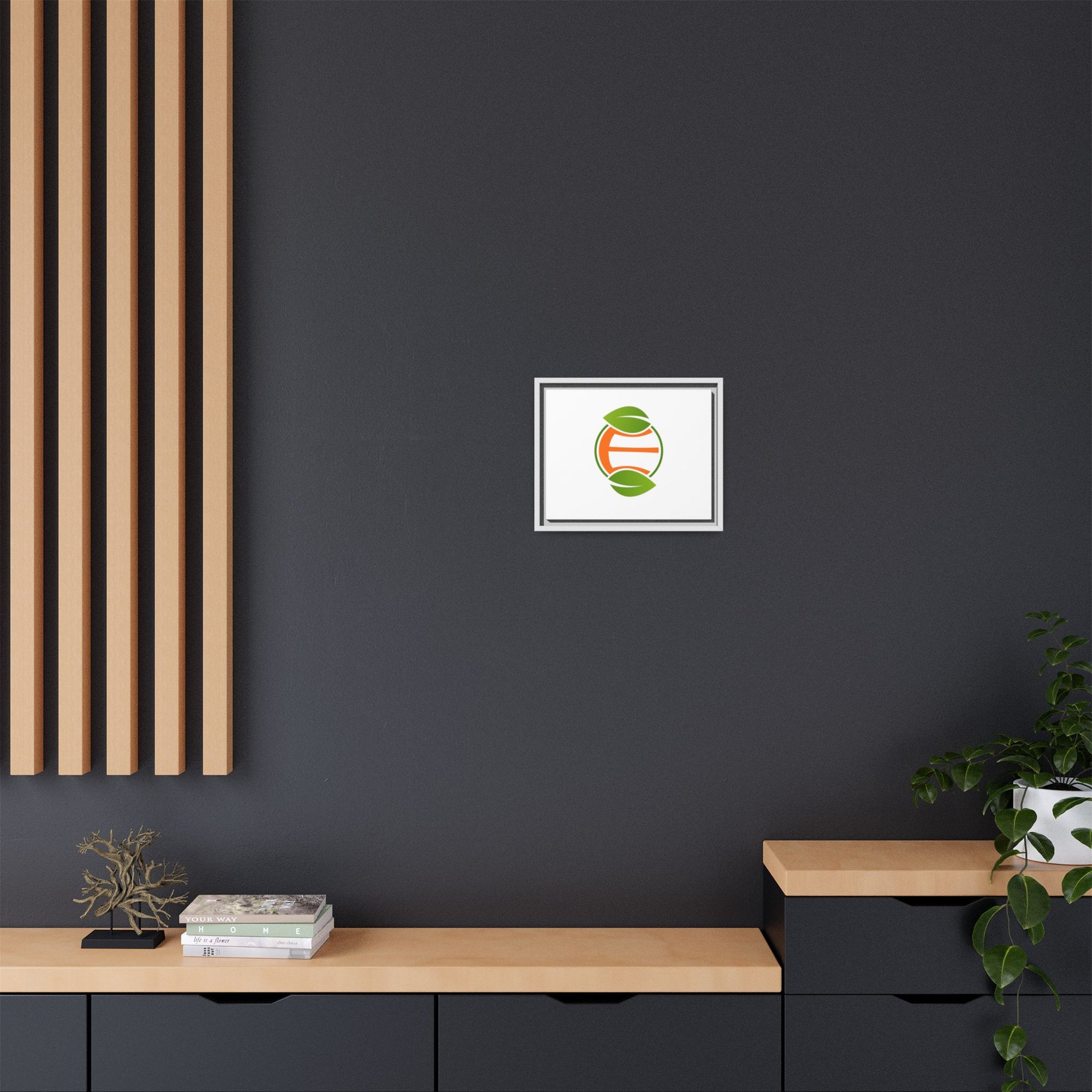 Framed Matte Canvas Print — Minimal Green Orange Leaf Logo Wall Art