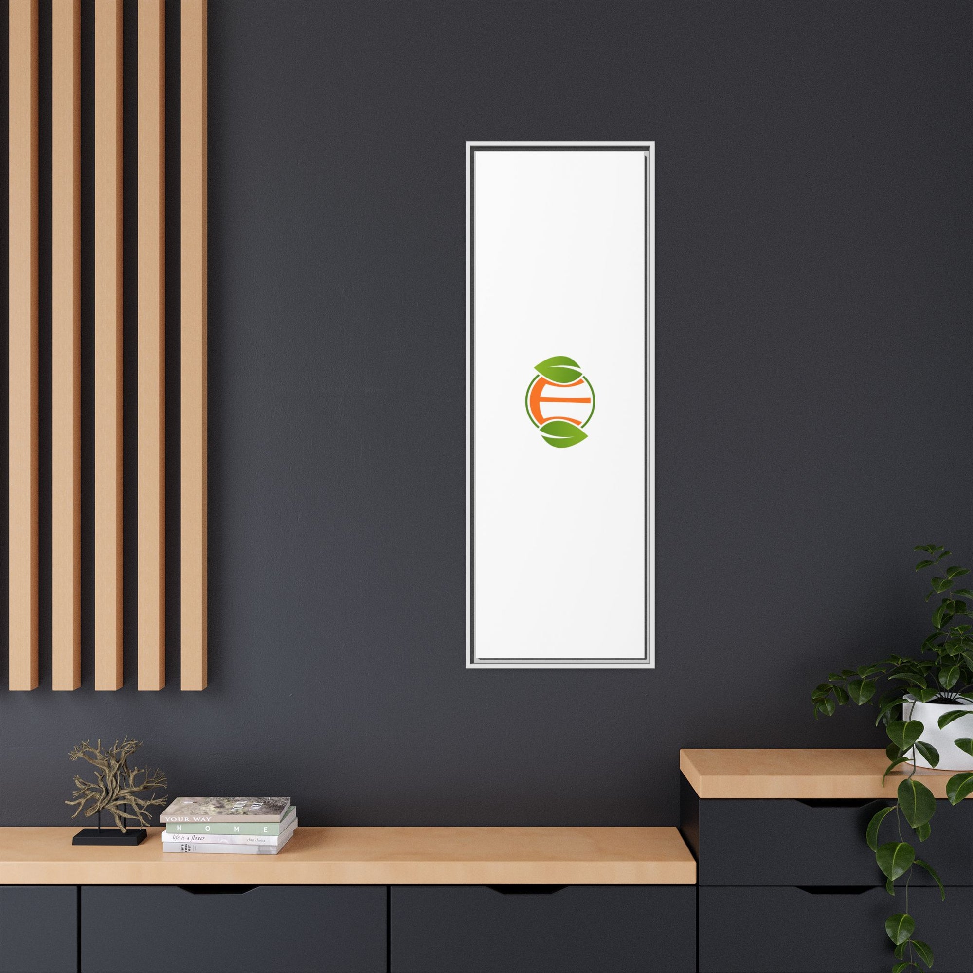 Framed Matte Canvas Print — Minimal Green Orange Leaf Logo Wall Art