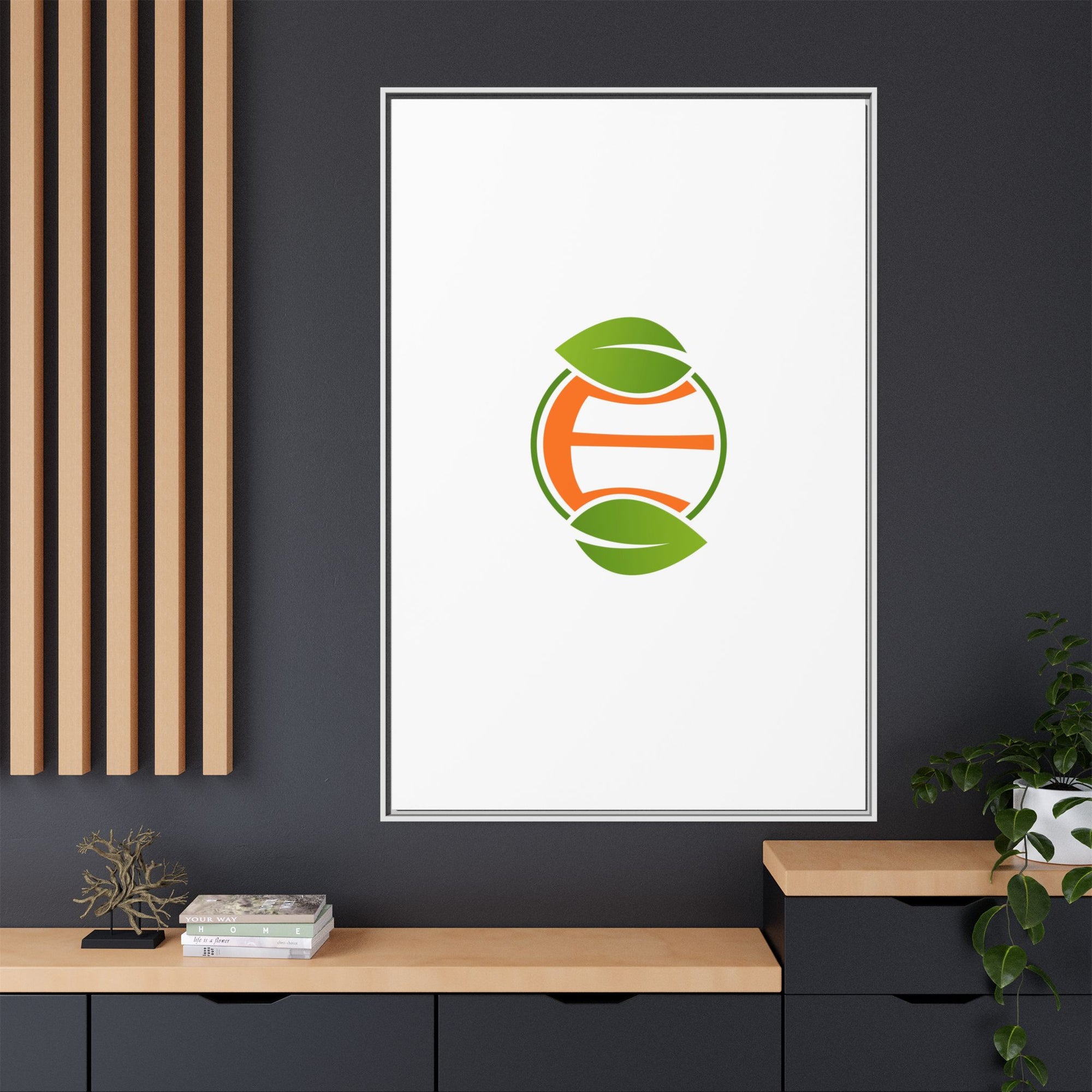 Framed Matte Canvas Print — Minimal Green Orange Leaf Logo Wall Art