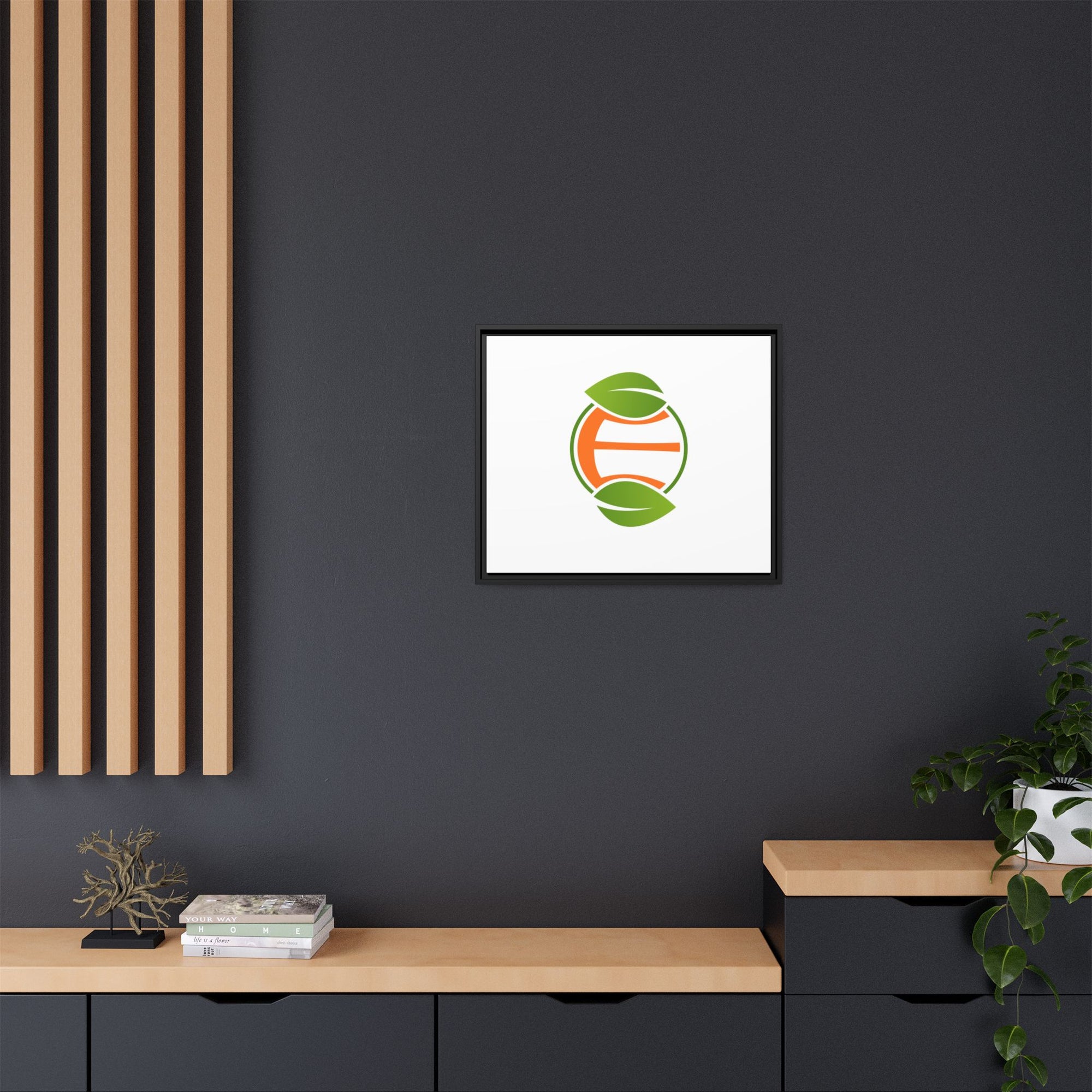 Framed Matte Canvas Print — Minimal Green Orange Leaf Logo Wall Art