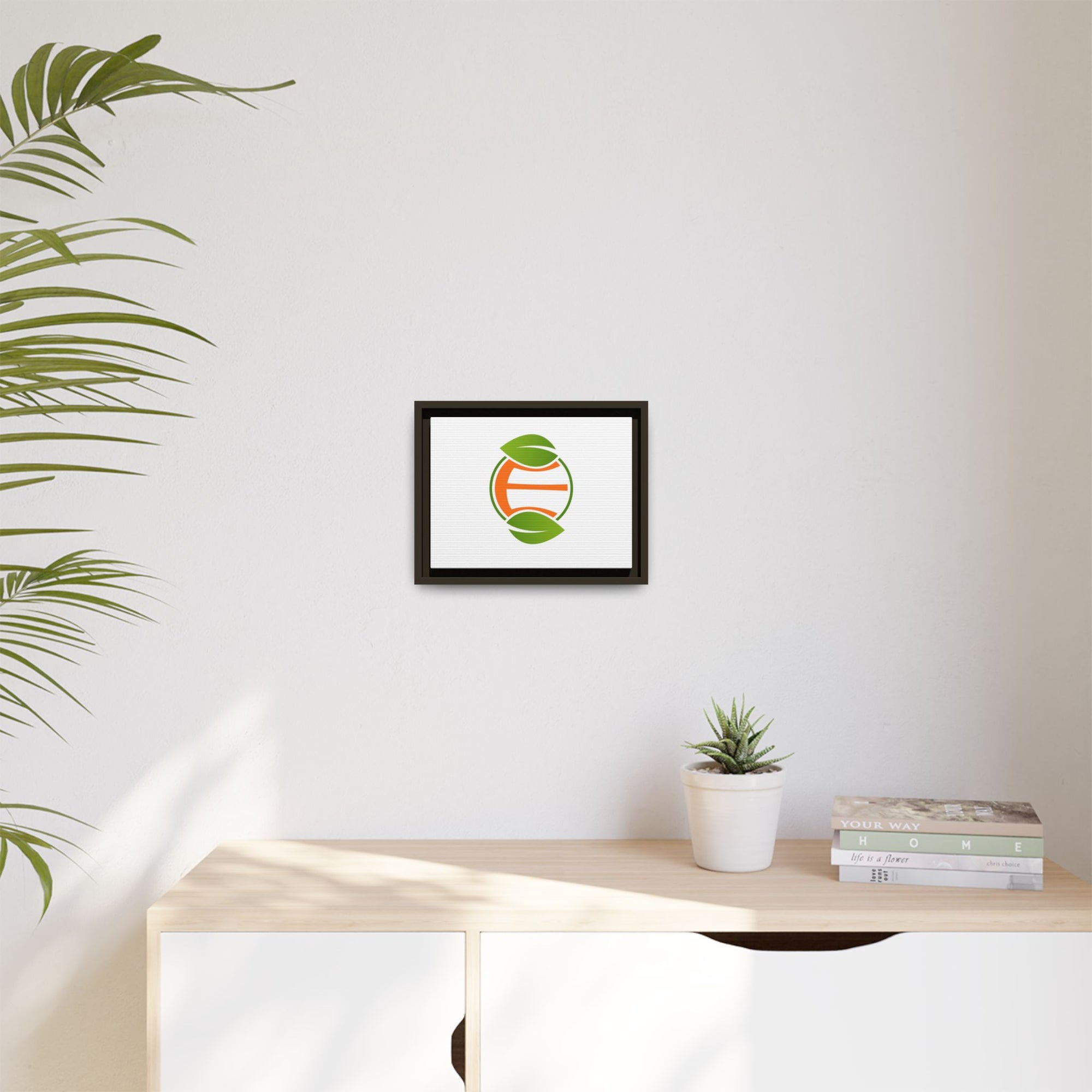 Framed Matte Canvas Print — Minimal Green Orange Leaf Logo Wall Art