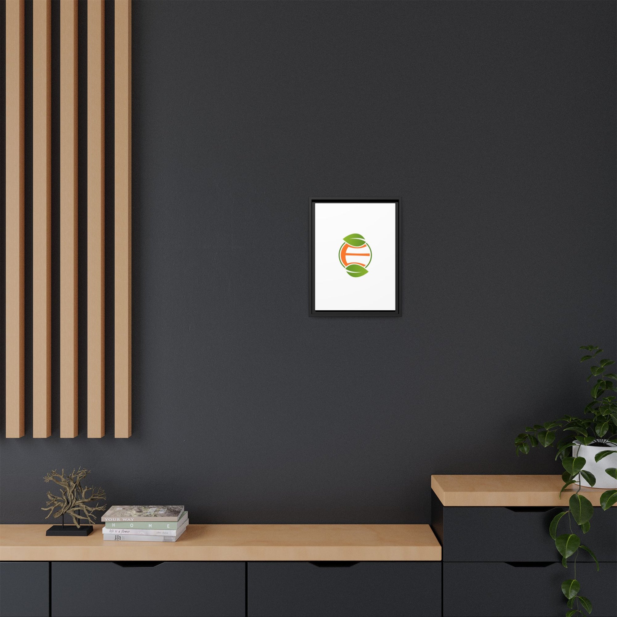 Framed Matte Canvas Print — Minimal Green Orange Leaf Logo Wall Art