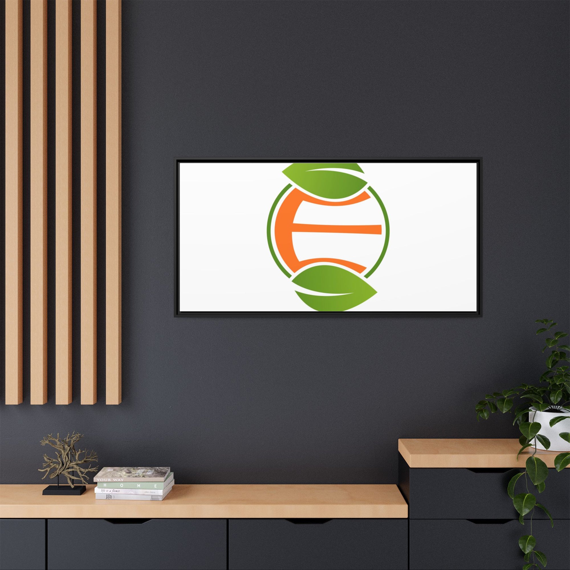 Framed Matte Canvas Print — Minimal Green Orange Leaf Logo Wall Art