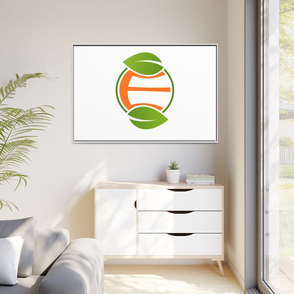 Framed Matte Canvas Print — Minimal Green Orange Leaf Logo Wall Art