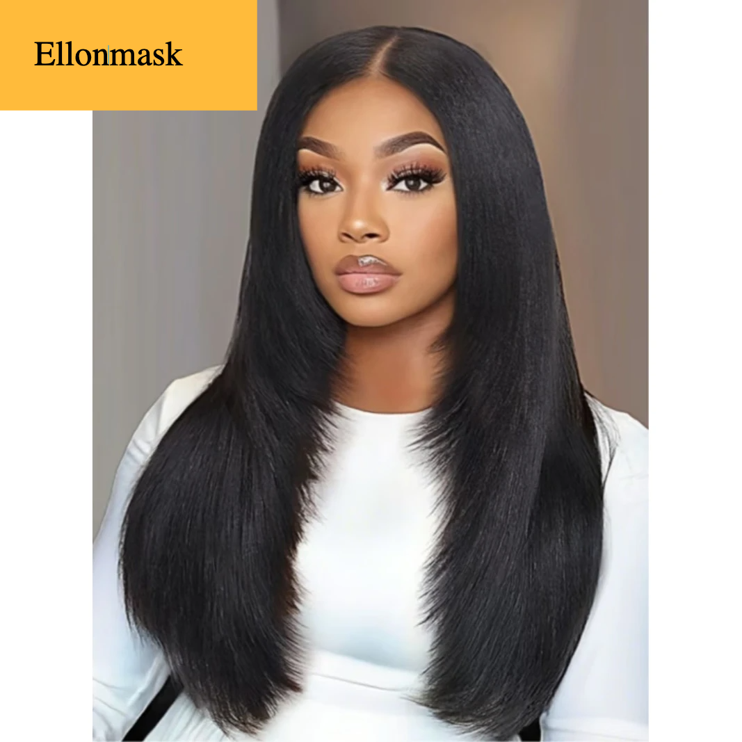 ELLONMASK Silky Straight Remy Human Hair Wig Natural Look Middle Part Long Black Yaki Straight Texture Adjustable Invisi Drawstring