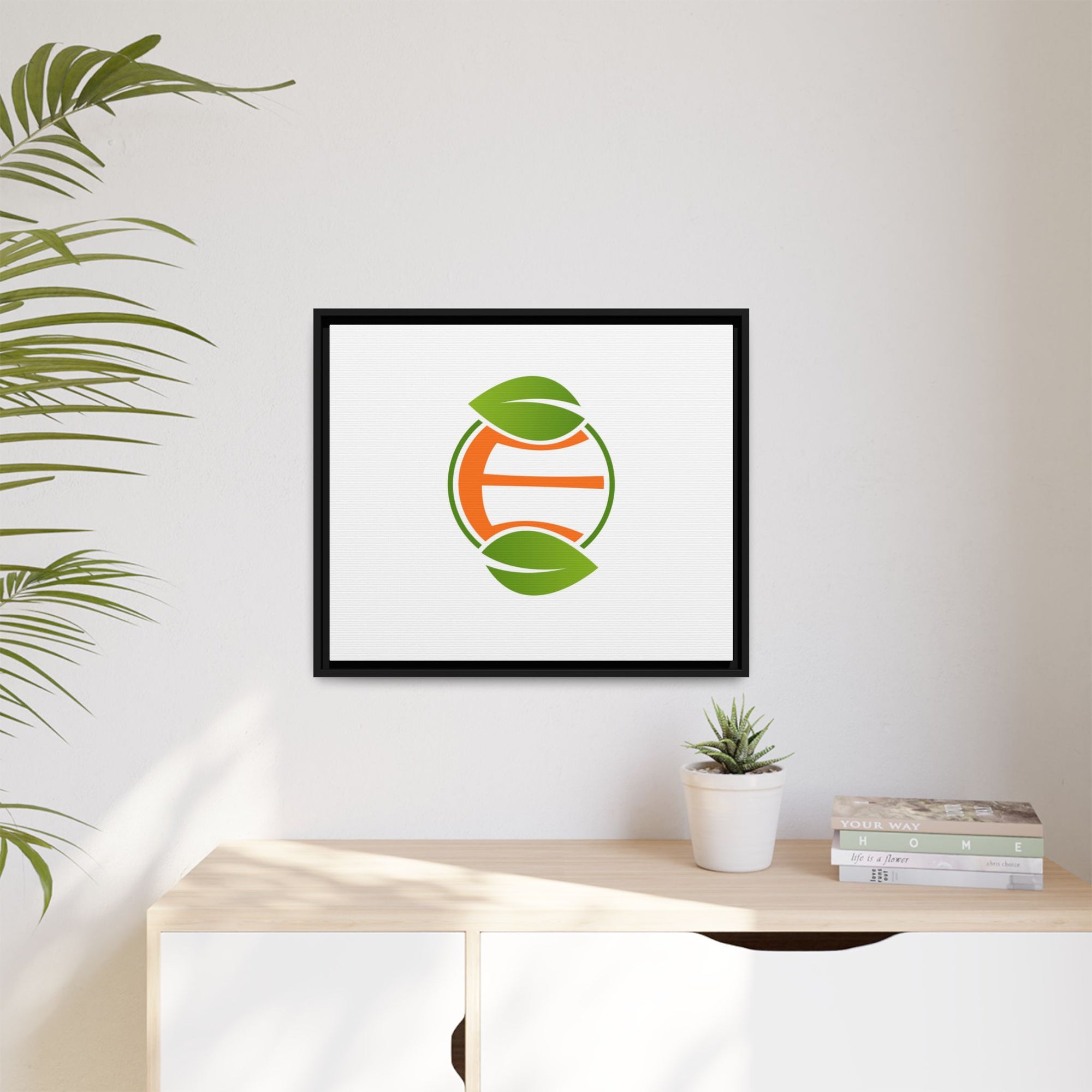 Framed Matte Canvas Print — Minimal Green Orange Leaf Logo Wall Art