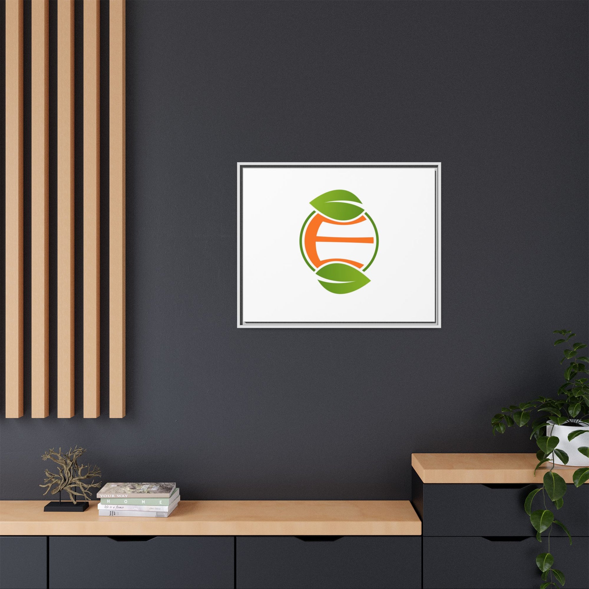 Framed Matte Canvas Print — Minimal Green Orange Leaf Logo Wall Art