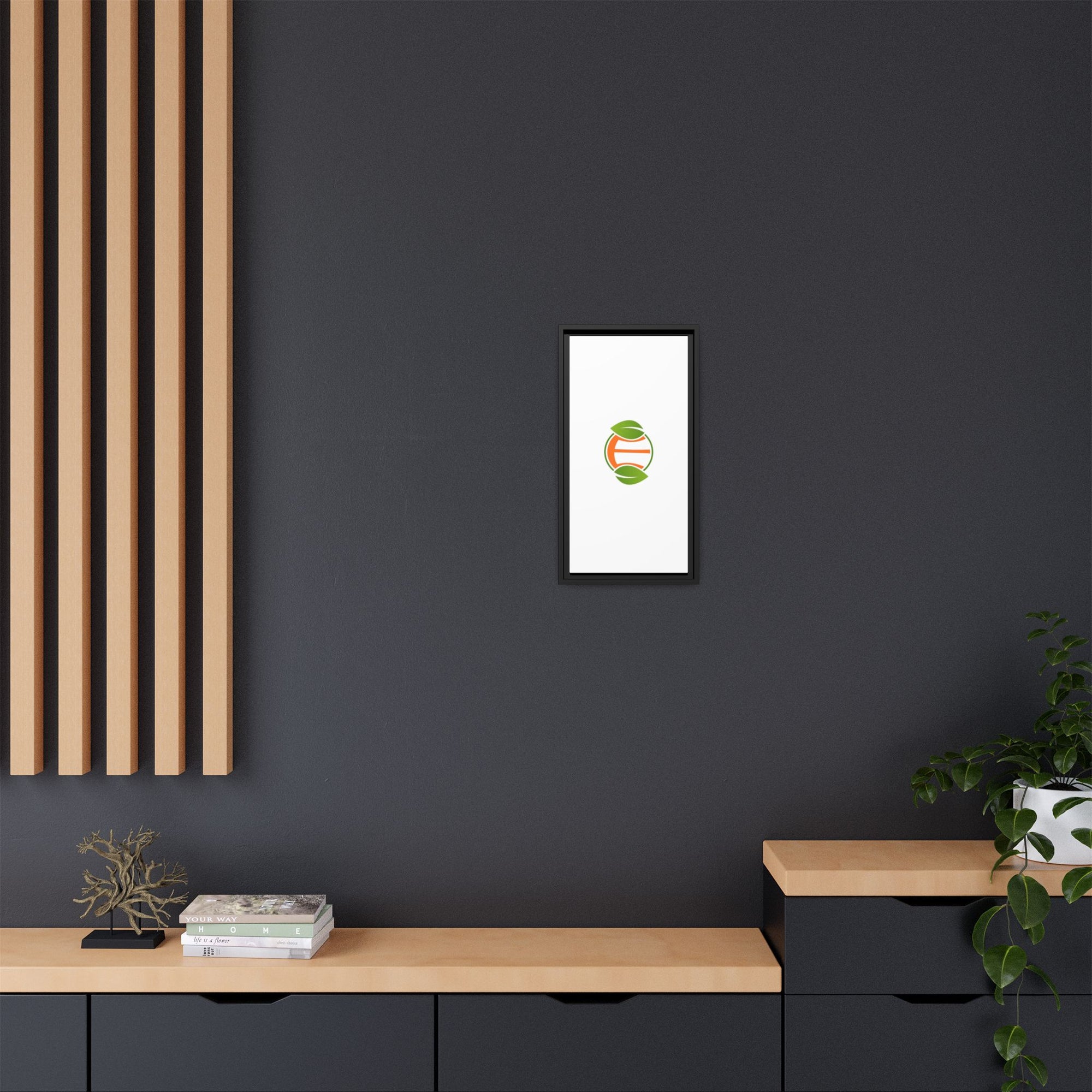 Framed Matte Canvas Print — Minimal Green Orange Leaf Logo Wall Art