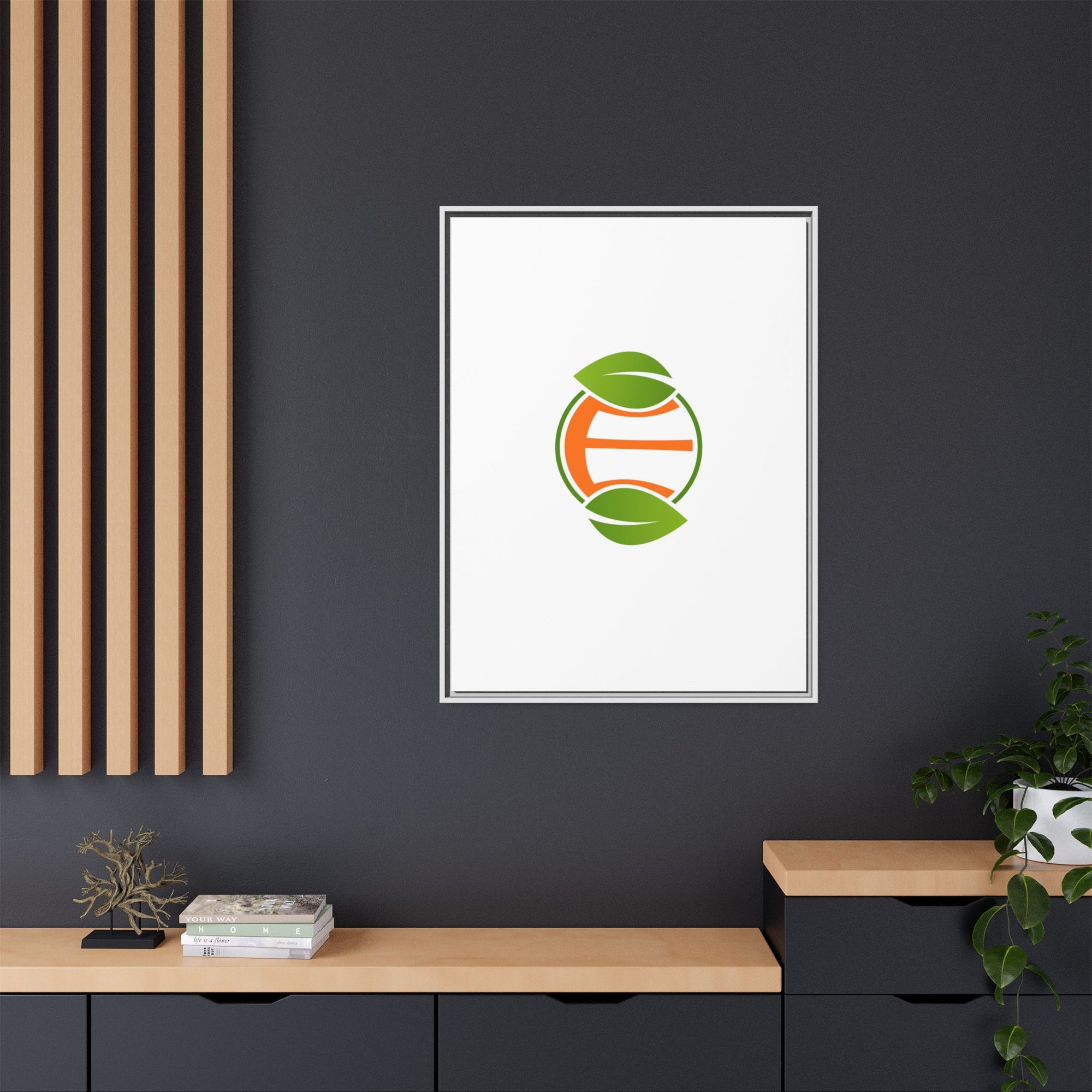 Framed Matte Canvas Print — Minimal Green Orange Leaf Logo Wall Art