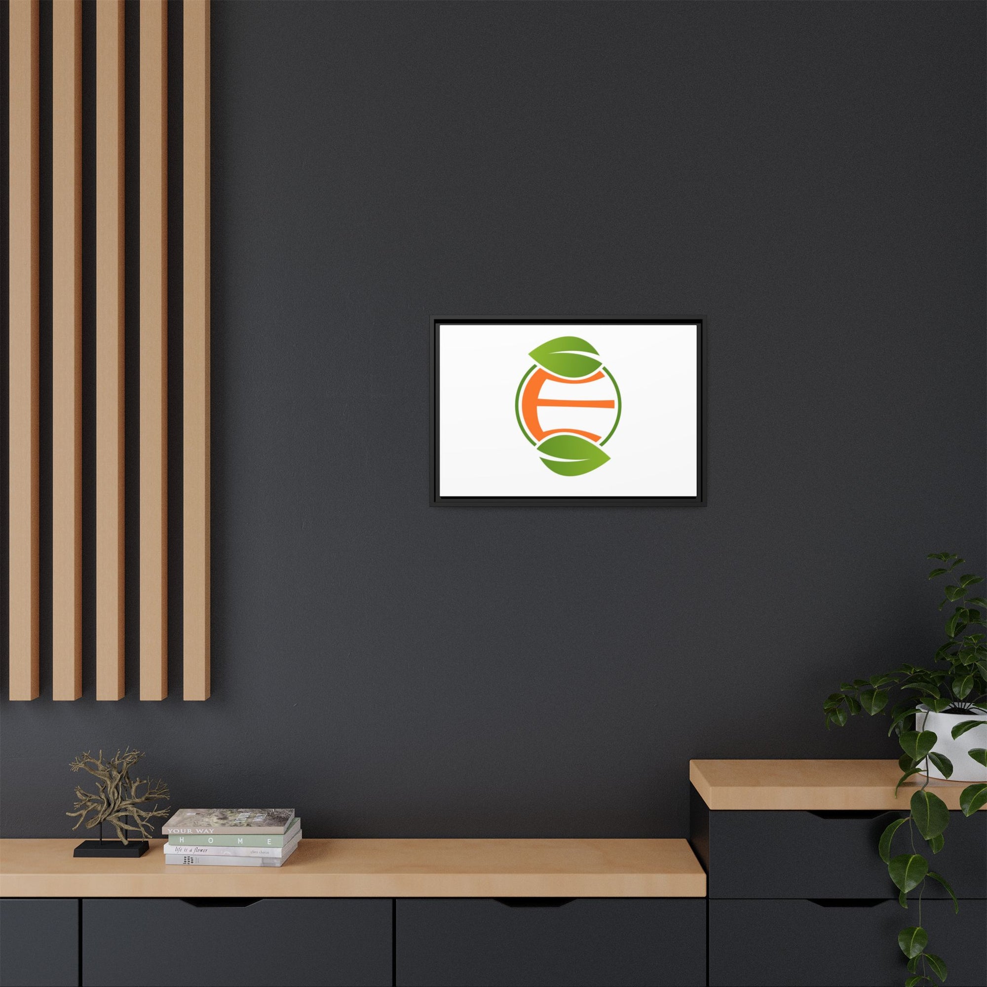 Framed Matte Canvas Print — Minimal Green Orange Leaf Logo Wall Art