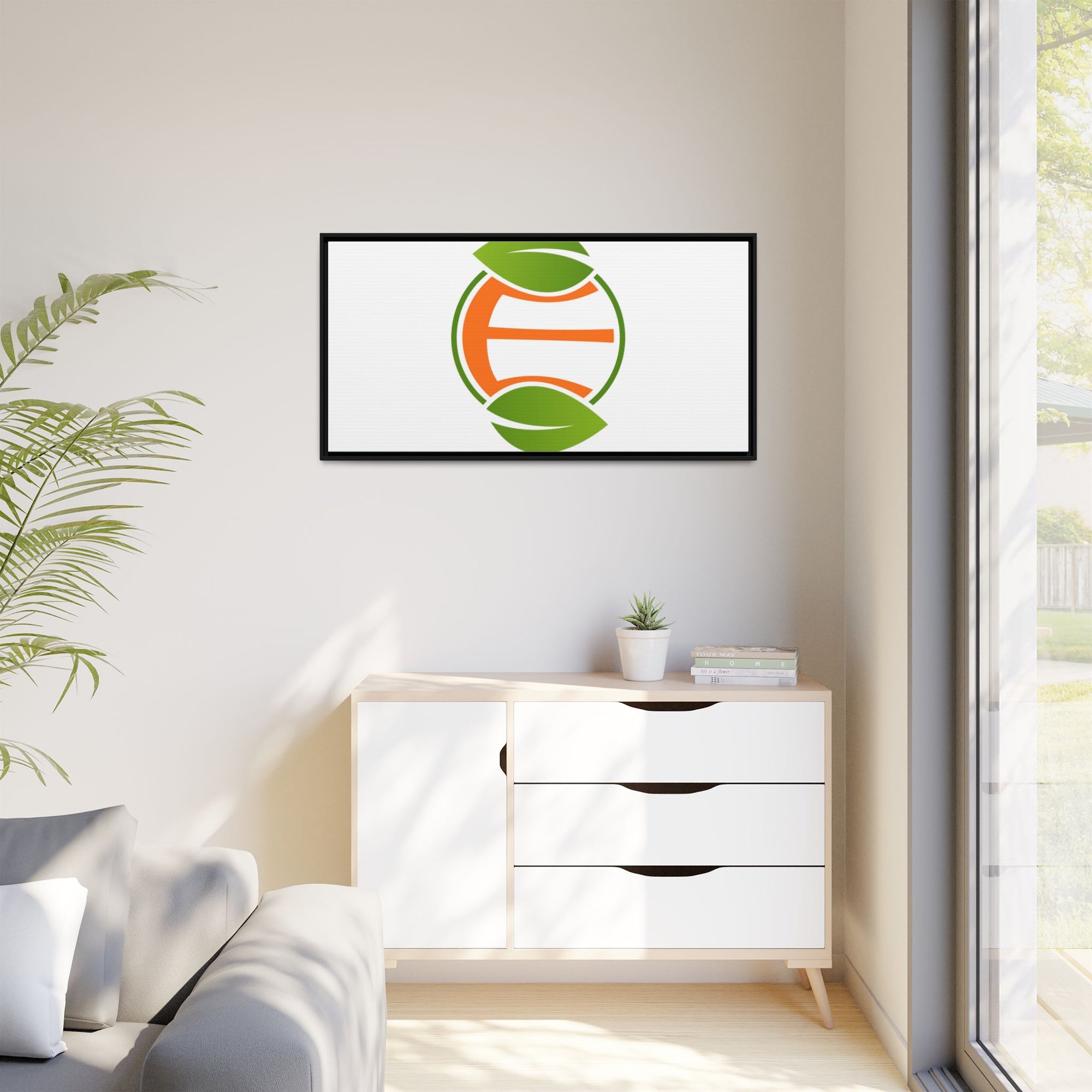 Framed Matte Canvas Print — Minimal Green Orange Leaf Logo Wall Art